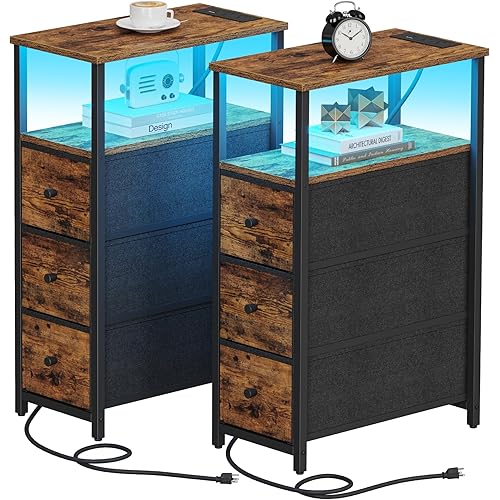 TUTOTAK Narrow LED Night Stand with Charging Station, Slim End Table with Plugins, Tall Side Table with 3 Fabric Drawer, Small Bedside Table with Storage, Set of 2, for Living Room, Brown TB01BB073L
