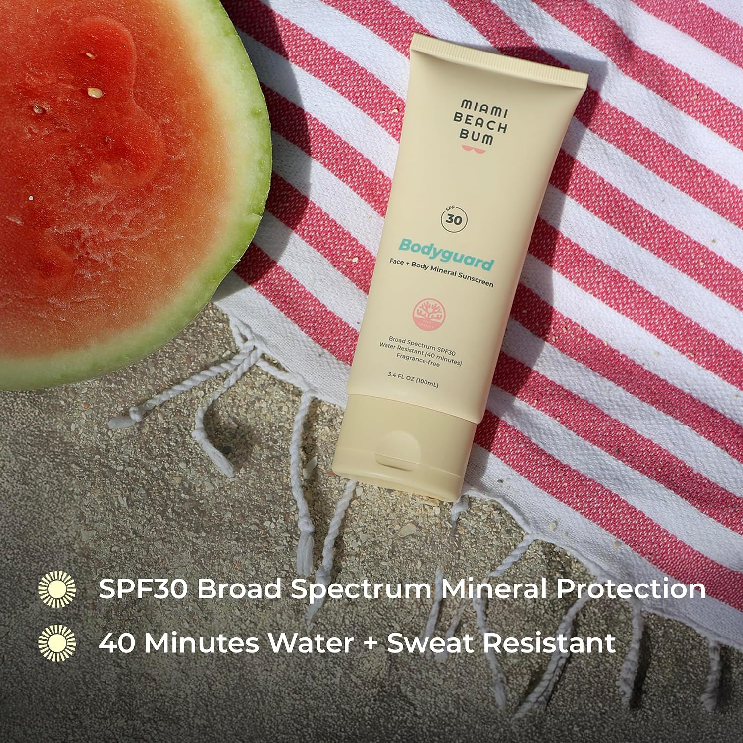 Miami Beach Bum, Bodyguard SPF30 UVA/UVB Silky & lightweight with a sheer, no‑white‑cast finish. Broccoli, aloe & algae, Fragrance‑free & gentle for sensitive skin 3.4oz