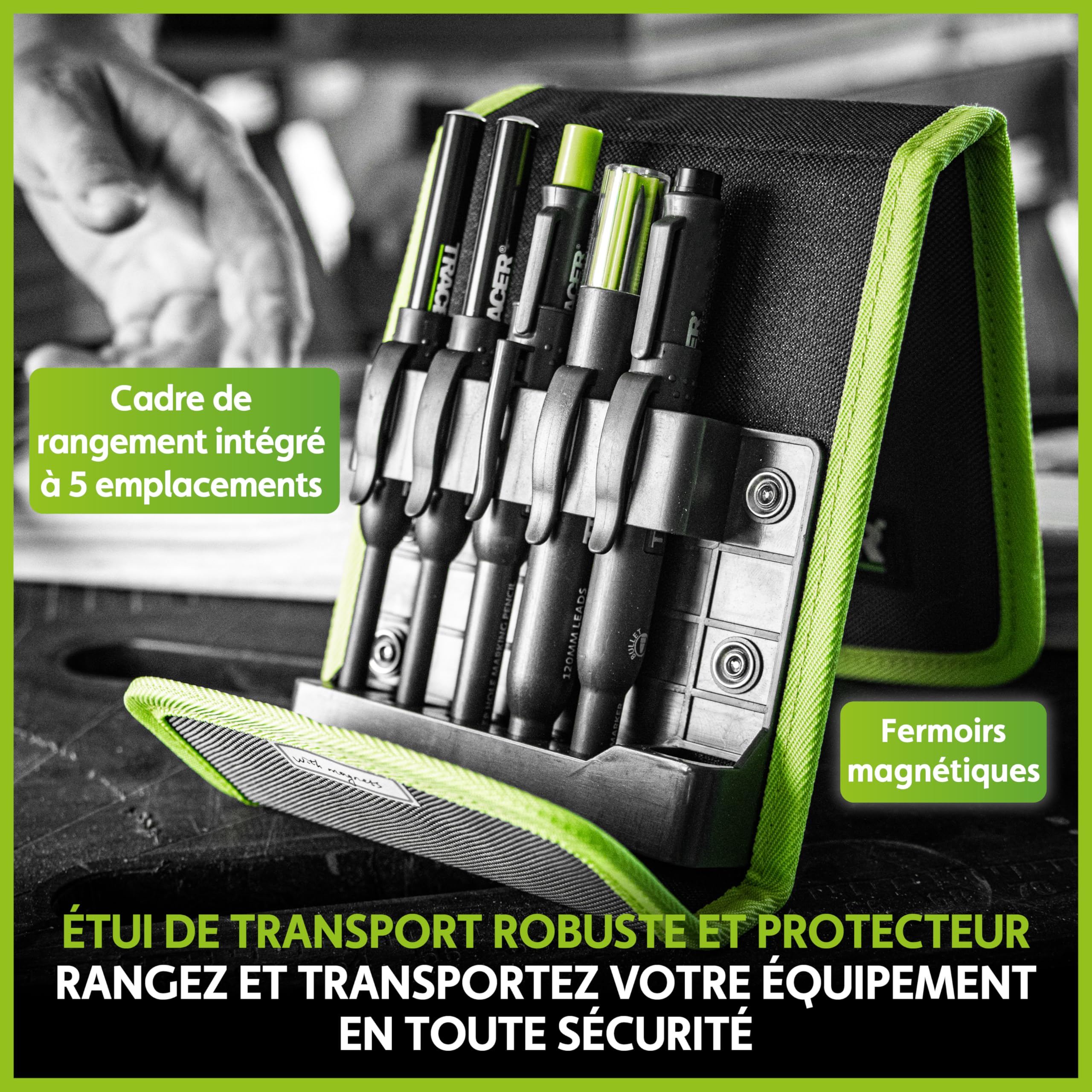 Tracer Kit de 5 marqueurs de construction avec étui de rangement – Crayon de charpentier, 2 marqueurs à pointe longue, marqueur sans obstruction et distributeur de mines de rechange