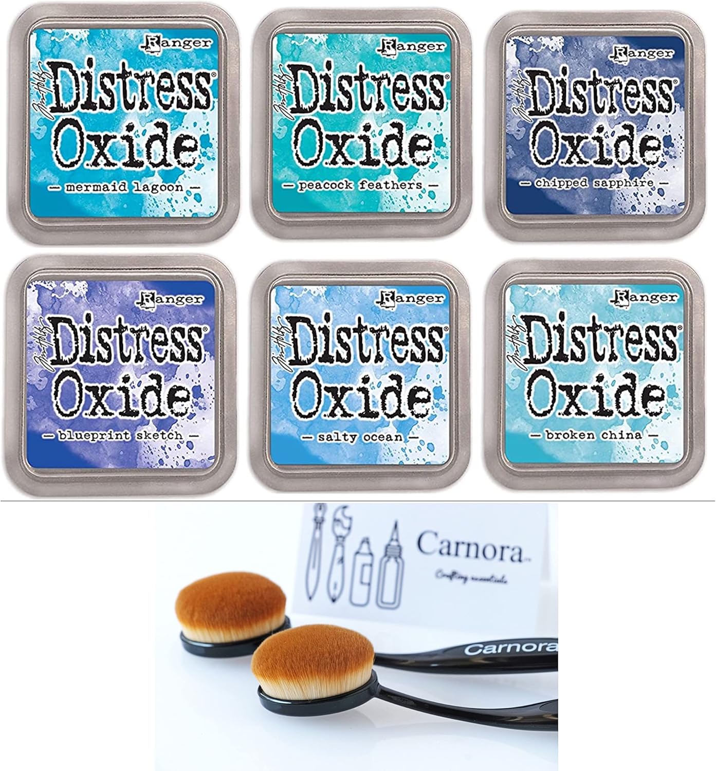 Tim Holtz Ranger Distress Oxide Ink, 6 Blues, Mermaid Lagoon, Peacock Feathers, Chipped Sapphire, Blueprint Sketch, Salty Ocean, Broken China, 6 Inks, 2 Carnora Ink Blending Brushes, 8 Item Bundle