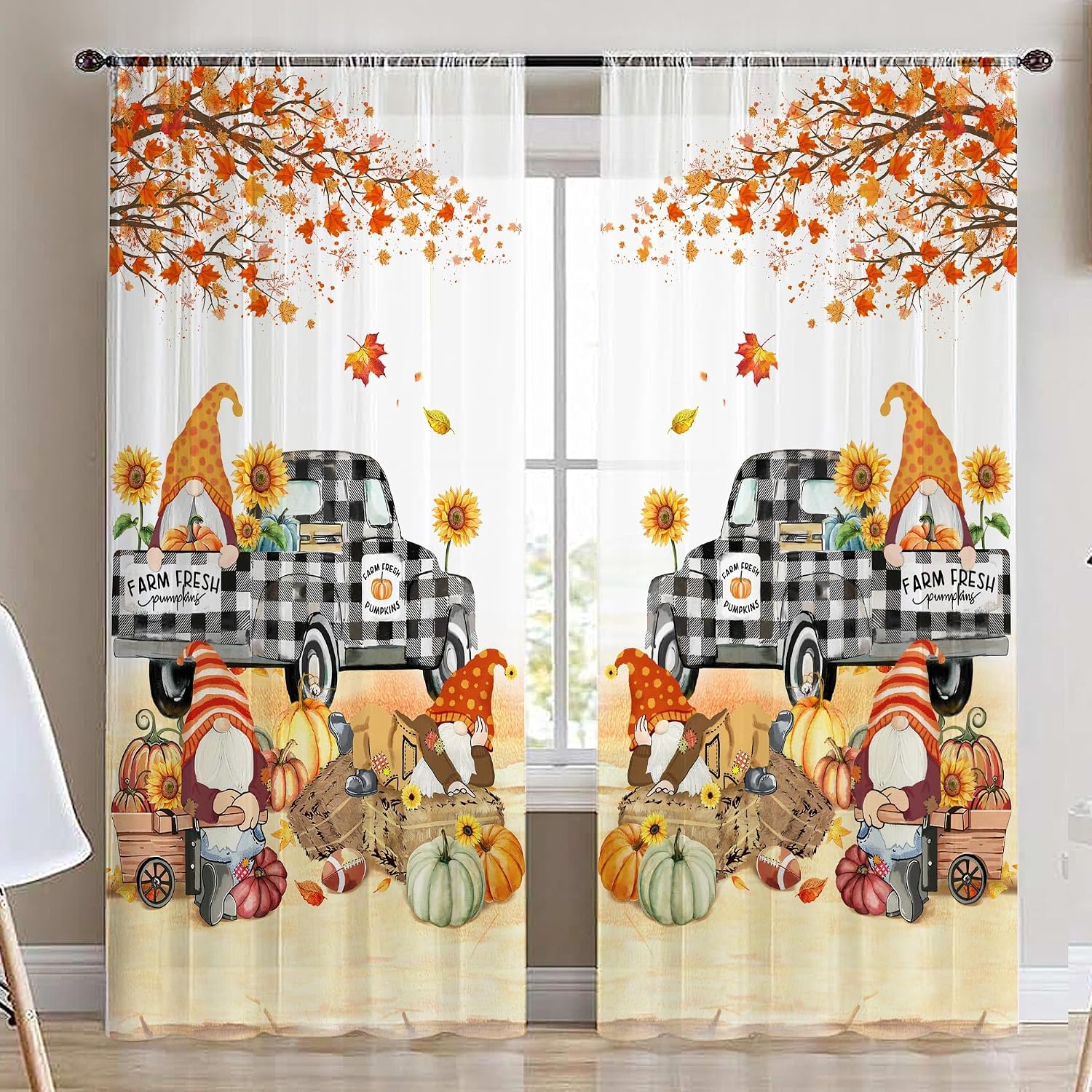 Hexagram Fall Kitchen Curtains 3 Piece Set, Fall Window Curtains Valance