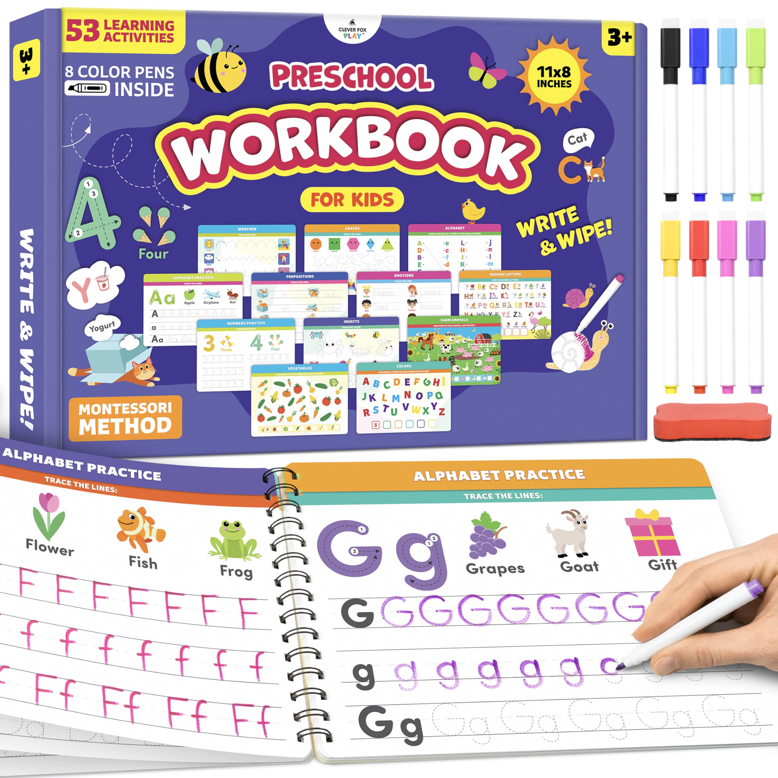 Preschool Workbook, 53 Learning Activities, Educational Kids Toy Ages 3-5 | Write & wipe busy book for toddlers, pre k, kindergarten, school, homeschool supplies, aba therapy materials kit, abc game