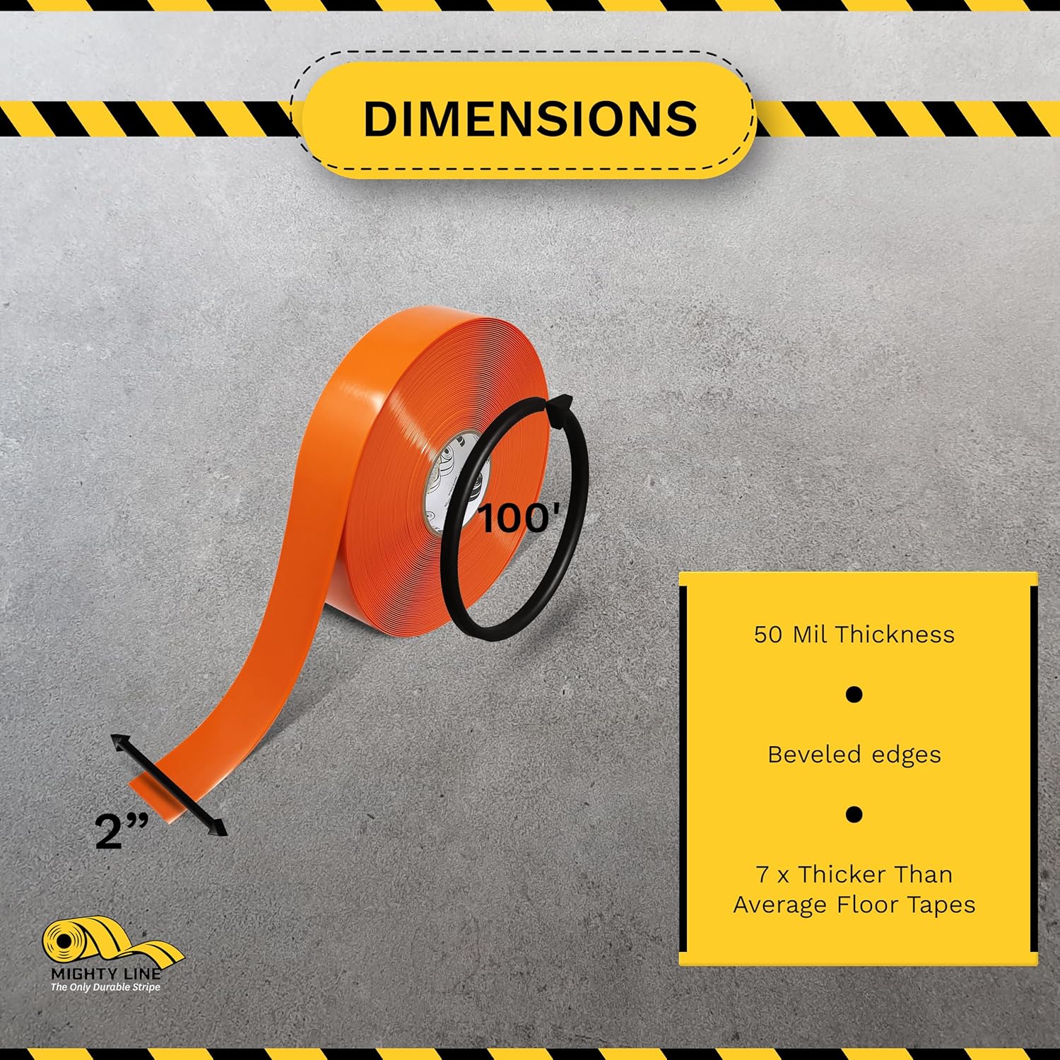 Mighty Line Solid Color 5S Floor Marking Tape for Industrial, Caution, Warning, Safety, Warehouse, Gym, Dance Floor, Line Set Marker, Flooring, Heavy-Duty Adhesive, 2 inch Wide, 100' Roll, Orange