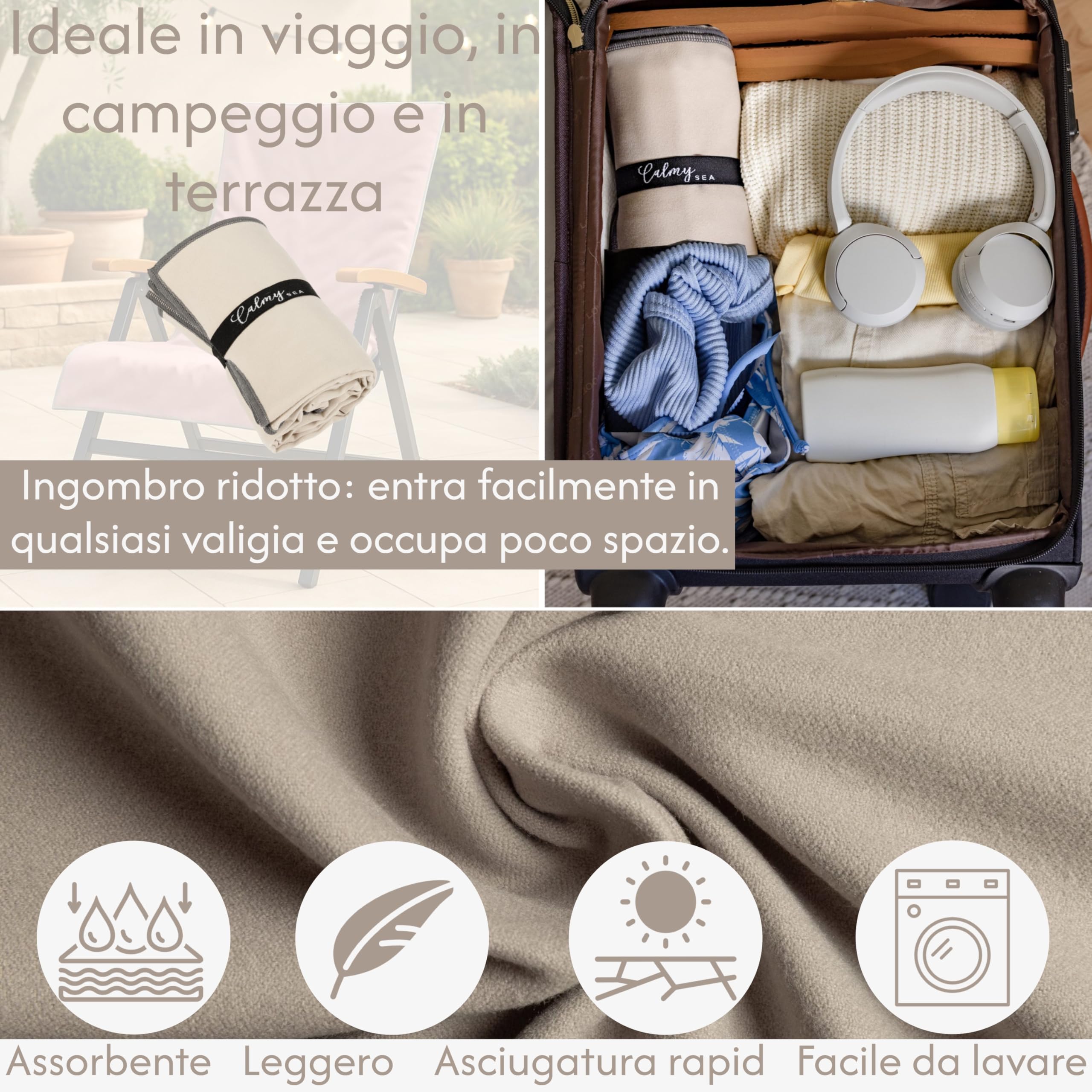Set di 2 asciugamani per sdraio - 200 x 75 cm - Con cappuccio - In microfibra - Peso leggero - Per sdraio da giardino - Con fodera - Copridivano da spiaggia (beige, 2)
