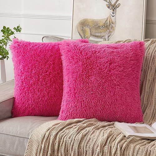 ANRODUO Paquete de 2 fundas de almohada de color rosa intenso, almohadas esponjosas de lujo, almohadas decorativas de piel sintética, fundas de