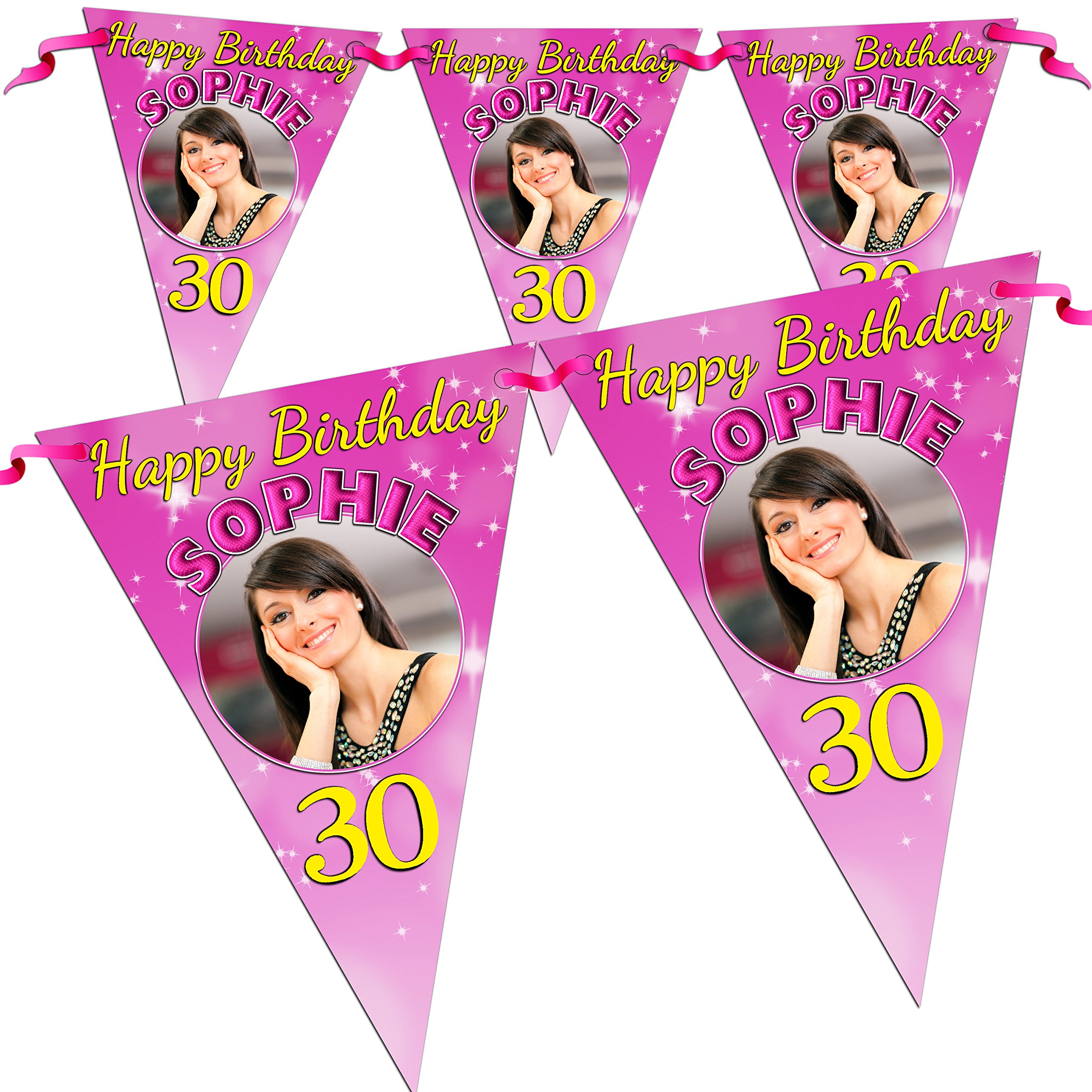 Invite Designs Ltd Pink Personalised Happy Birthday Party Photo Flag Banner Bunting N40-10 Flags Inc Ribbon Any Age 18Th 21St 30Th 40Th 50Th 60Th