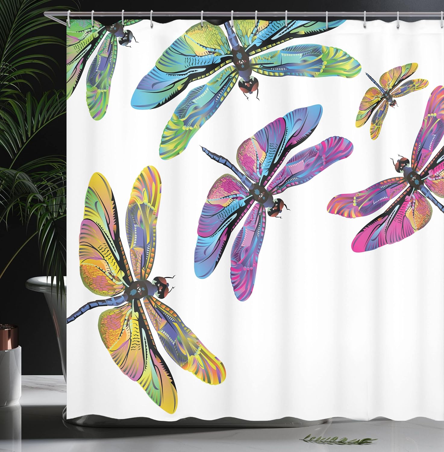 Ambesonne Dragonfly Shower Curtain, Sixties Inspired Colorful Wings Spring Woodland Animals Pattern Wildlife Elements, Cloth Fabric Bathroom Decor Set with Hooks, 69" W x 84" L, Multicolor