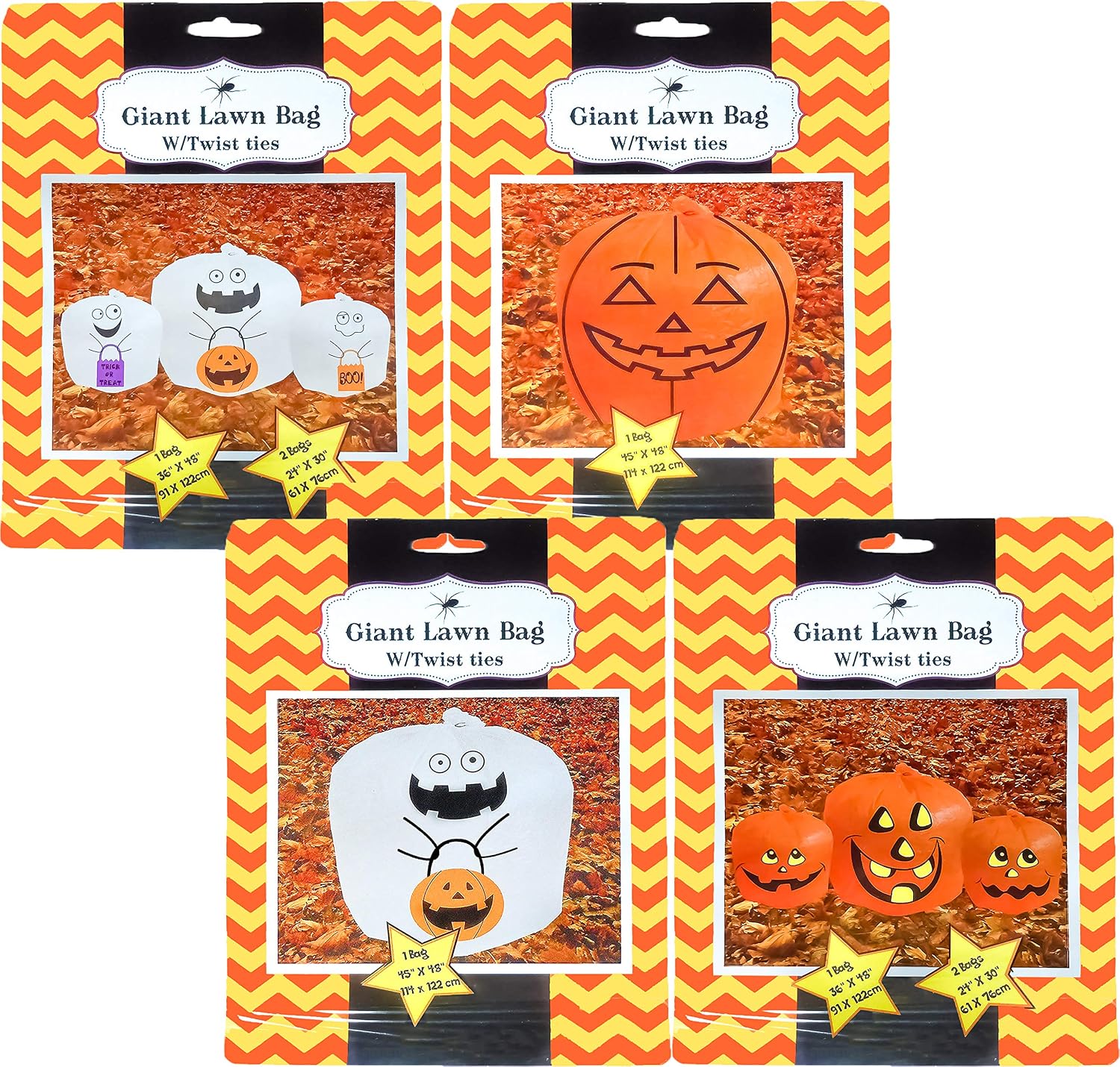Set Of 4 Halloween Decorative Giant Lawn Bags With Twist Ties (Pumpkin & Ghost)