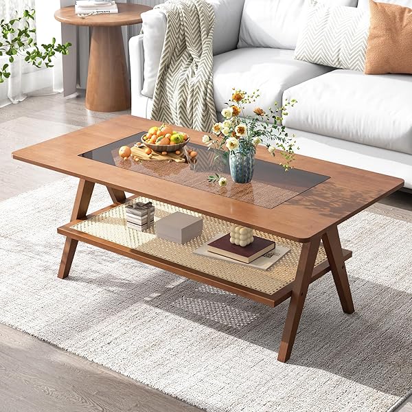 Glass Top Table with Rattan Shelf