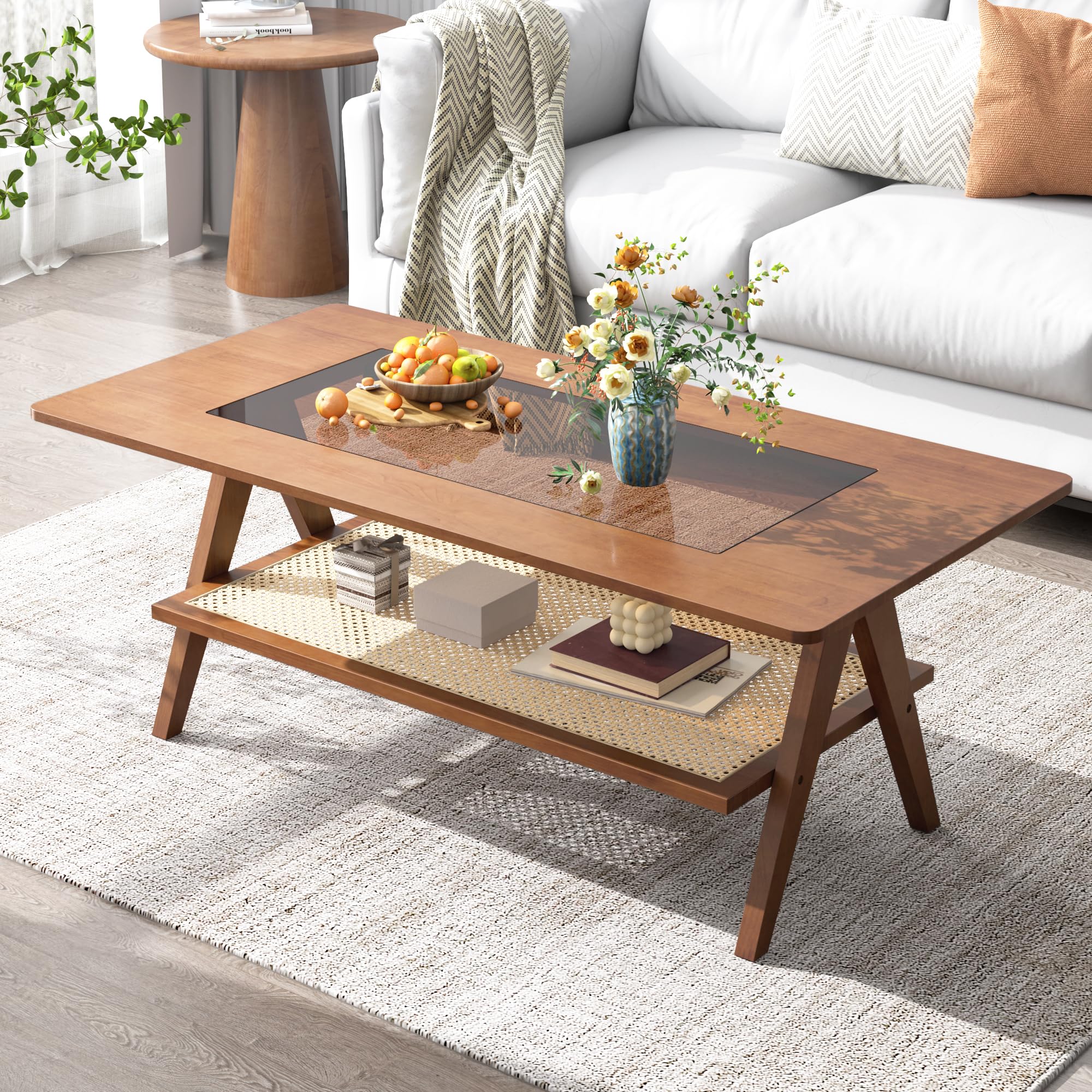 Mid Century Modern Coffee Table with Glass Top and Rattan Storage Shelf Rectangular Walnut Wooden Coffee Table Unique