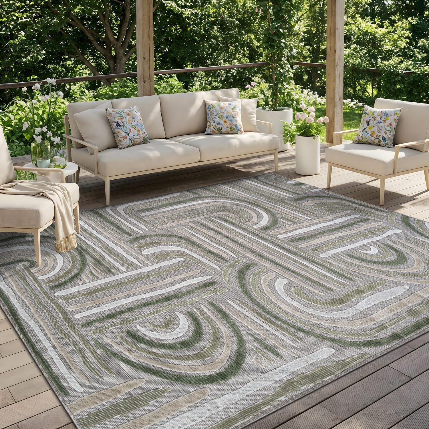 CAMILSON Indoor Outdoor Rug, Beige 8x10 Geometric Arch Striped Area Rugs for Patio and Home Areas, Easy-Cleaning Non-Shedding Living Room, Garden and Deck Washable Outside Carpet (8 x 10)