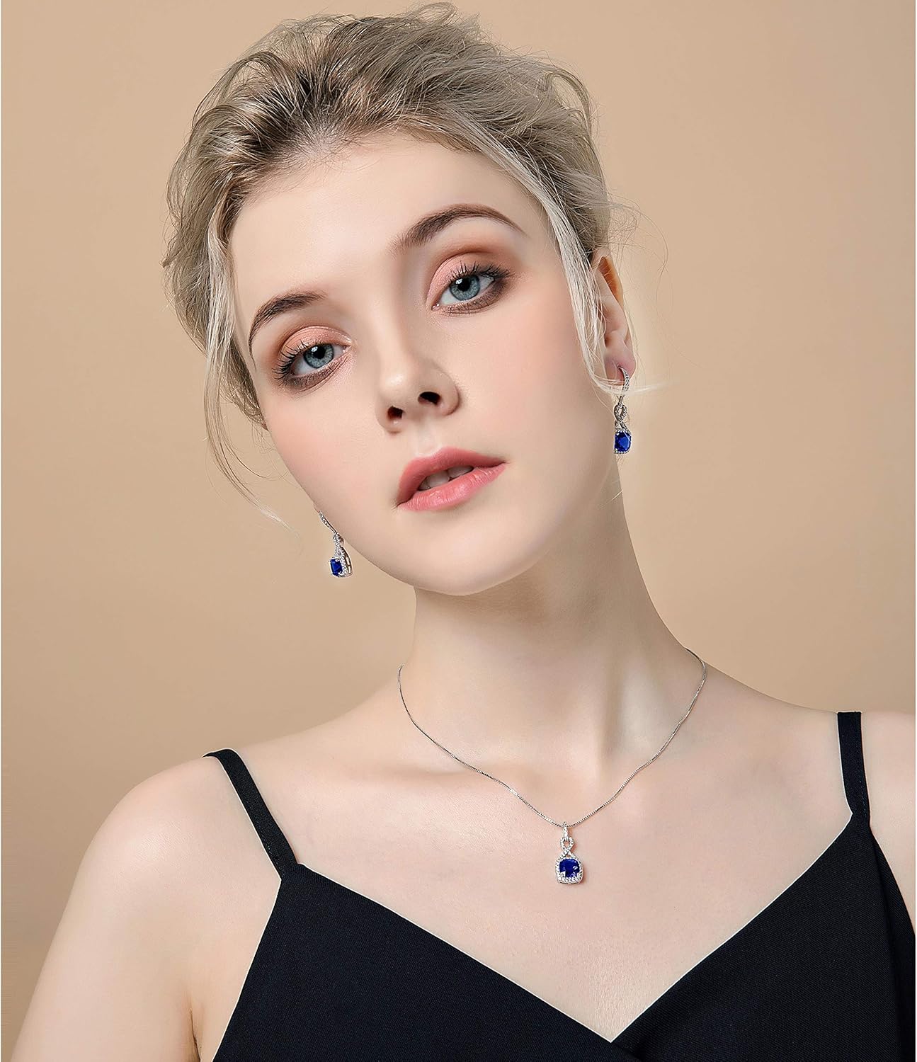 AMYJANE Crystal Jewelry Set for Women - Sterling Silver Square Cubic Zirconia CZ Bridal Pendant Necklace Earrings Set for Wedding Bride Bridesmaids Birthstone Fashion Jewelry Set