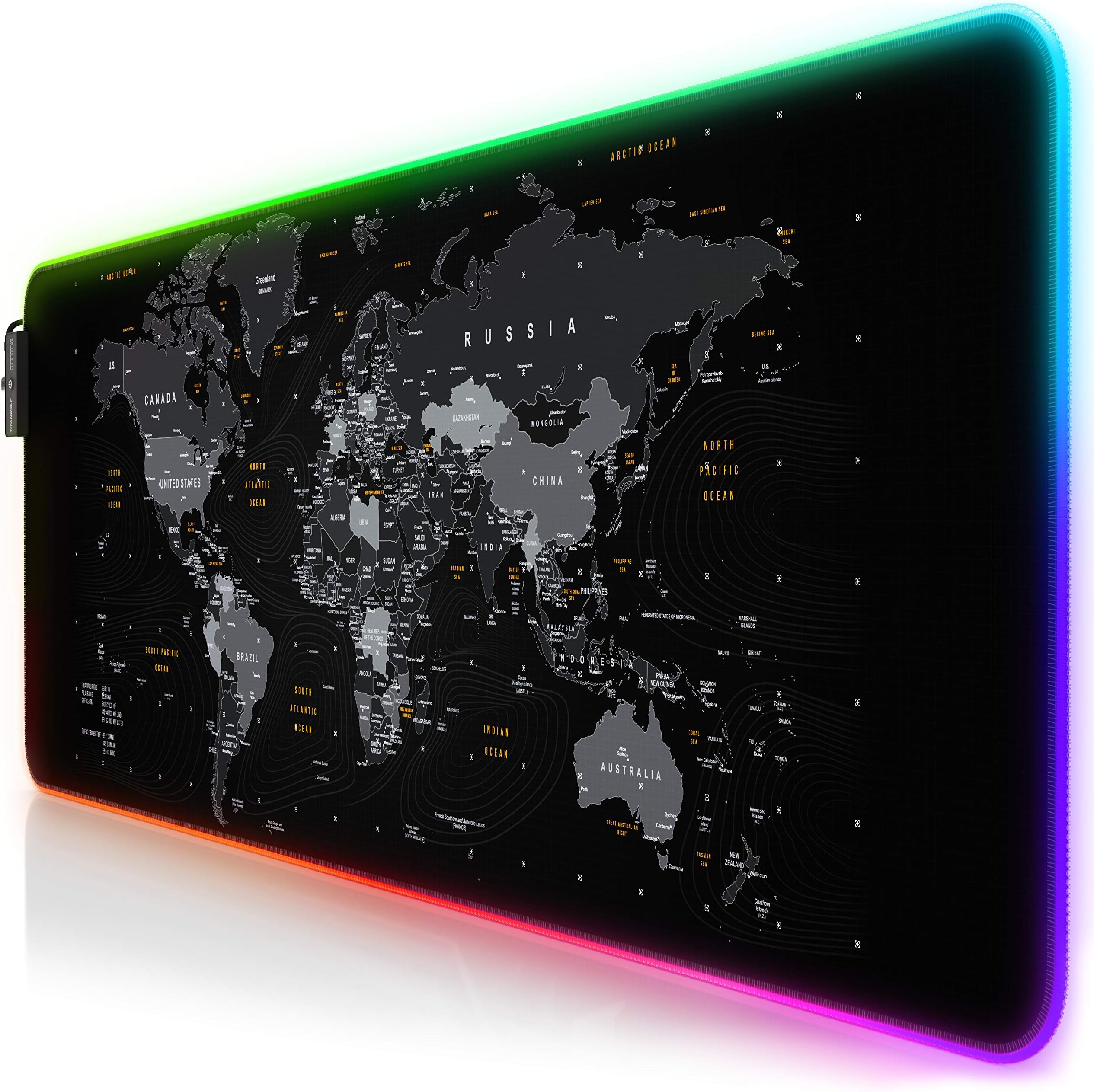 TITANWOLF XXL RGB Gaming Mouse Mat Pad - 800x300 mm - XXXL Extended Large LED Mousepad - 11 Multi colors and effect modes - Non-Slip Rubber Base - Computer Keyboard Mice Mat for Macbook PC World Map