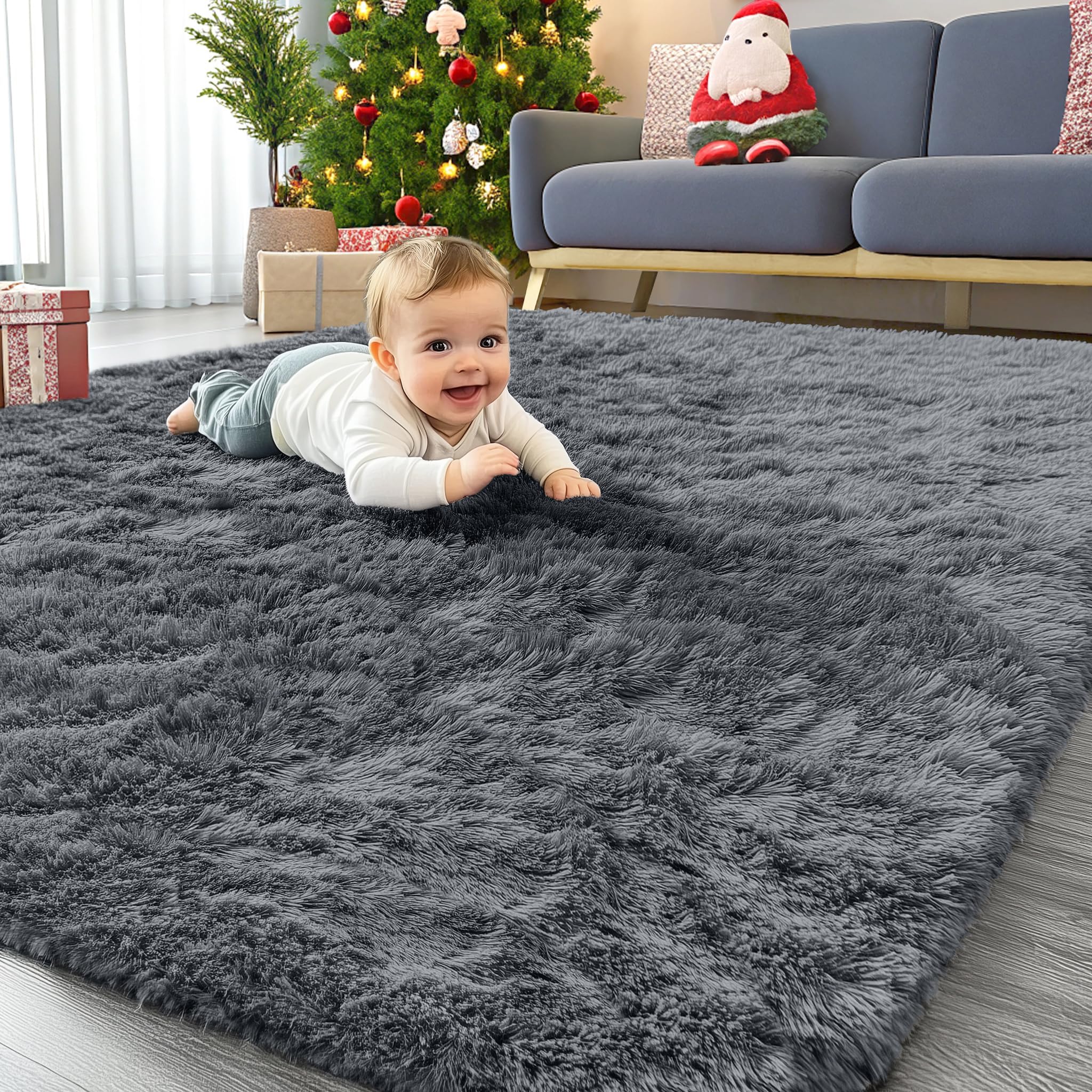 OLANLY Living Room Rug 10x14m Bedroom Rug Machine Washable Soft Fluffy Shaggy Carpet for Teenagers Boys Dormitory Nursery Home Decor Aesthetic Grey