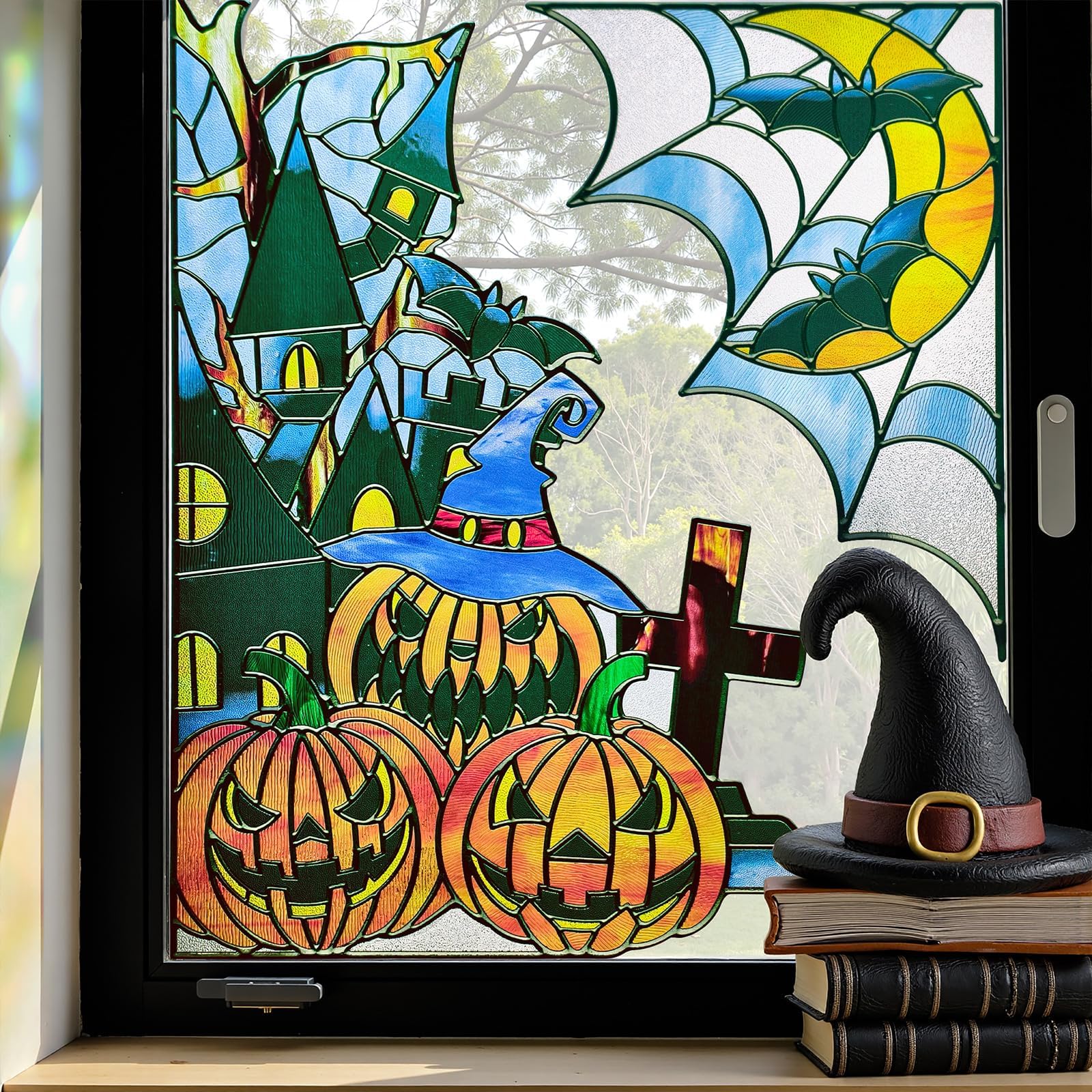 Window Stickers, ‌Stained Glass Window Privacy Film, UV Blocking Static Cling for Home Kitchen Office Bathroom, Halloween, 17.7" X 31.5"