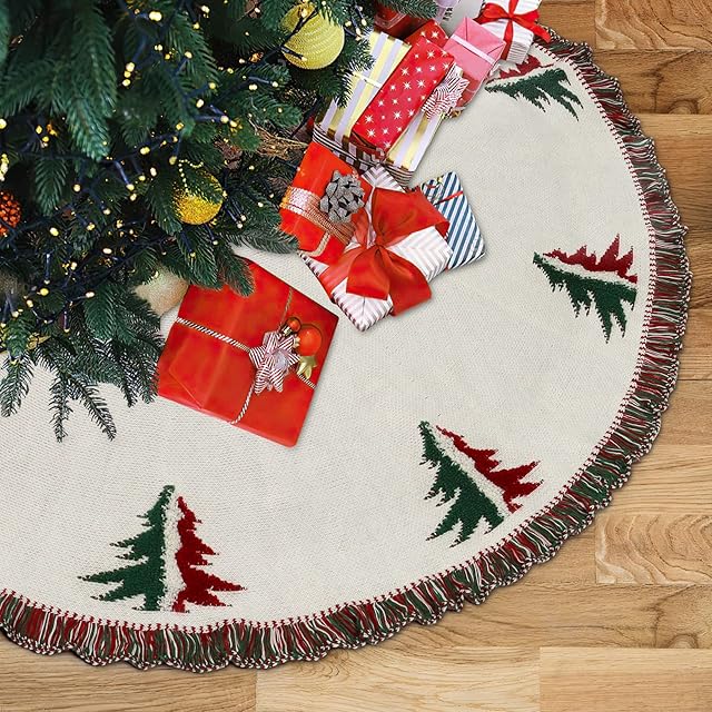 Dremisland Christmas Tree Skirt Collar Red, Stand Band Tree Collar Cover Christmas Tree Base Cover with Santa Claus Pattern for Xmas Holiday Decorations (Red & Green, 122cm/48inch)