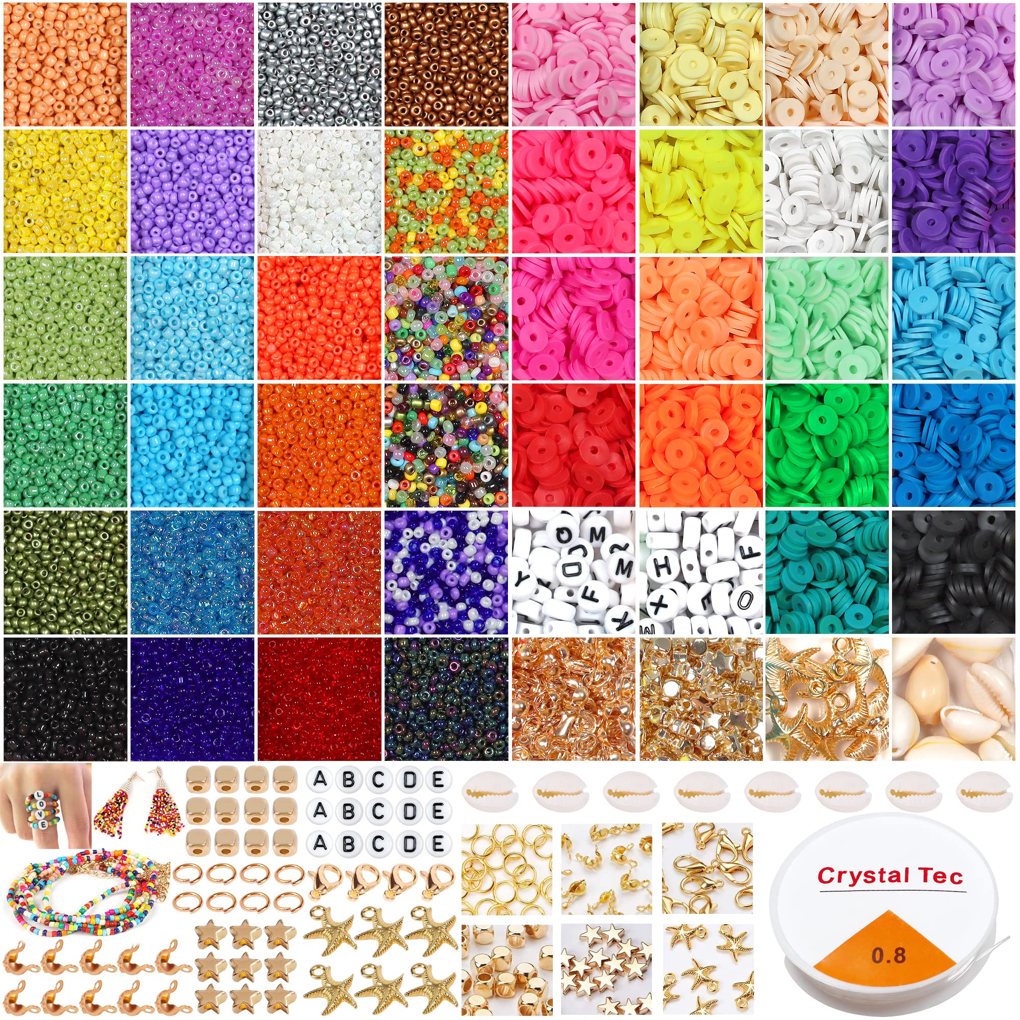 WillingTee 20800Pcs Beads for Jewelry Making,Colorful Flat Round Polymer Clay Beads Glass Seed Bead for Bracelet Making Kit, Necklace Ring Bead DIY Craft Gift for Kids Girls