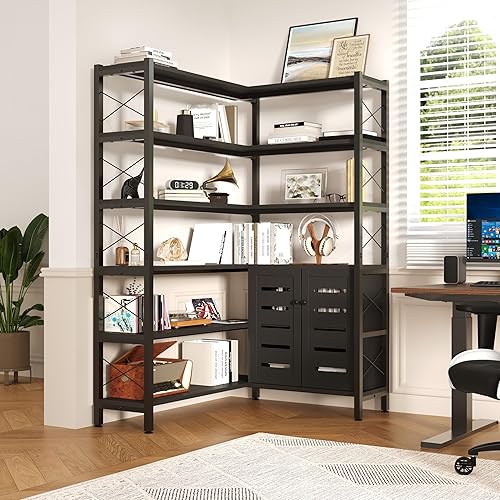 Miniatura 6 de Estantería esquinera pequeña de 6 niveles con armario de almacenamiento, estantería negra en forma de L con puertas, soporte industrial para