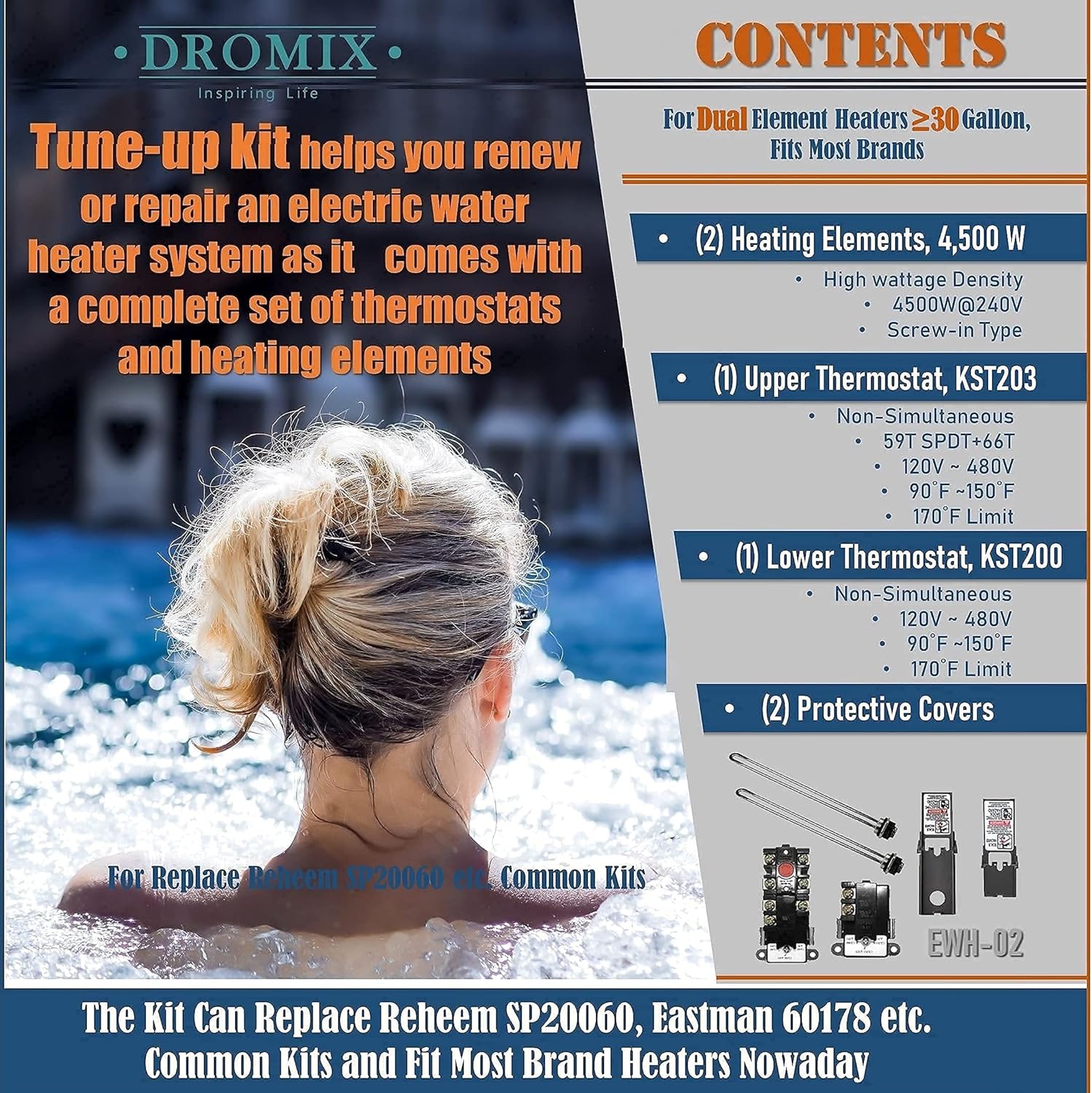 EWH-02 Electric Water Heater Tune-Up Kit, Water Heater Parts - Two 4500W 240V Heater Elements, Universal Upper Water Heater Thermostat, Lower Thermostat and Protective Covers. Fits Most brands - - 