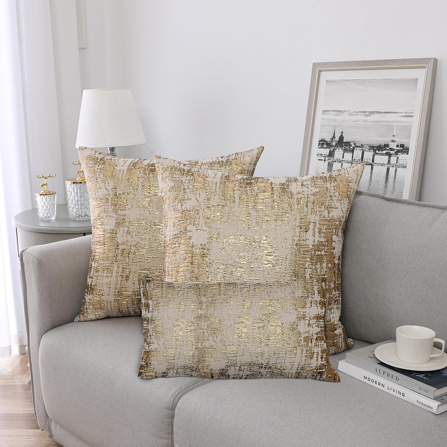 Majestic Giftware 2 Pack Jacquard Decorative Throw Pillow Cover (PC1224S-2PK) | Gold/Light Gold Soft & Washable Cushion Covers with Zipper for Sofa, Bedroom (12"x20") Inserts Not Included