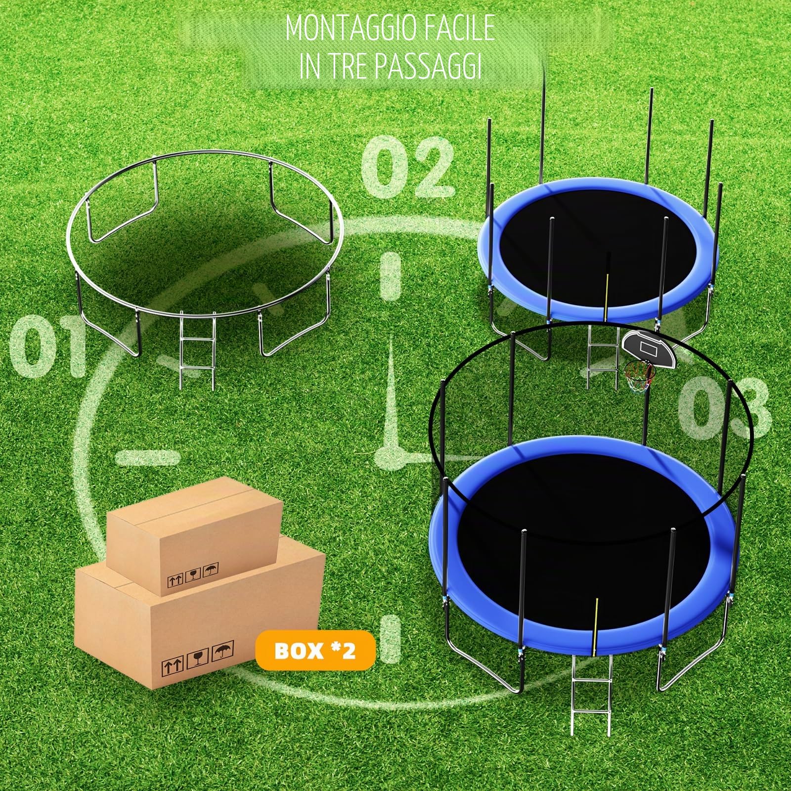 Grande Trampolino Familiare Rotondo 305 cm o 366 cm per Esterno, Kit Completo con Rete Sicura, Scala e Canestro da Basket per Bambini e Adolescenti
