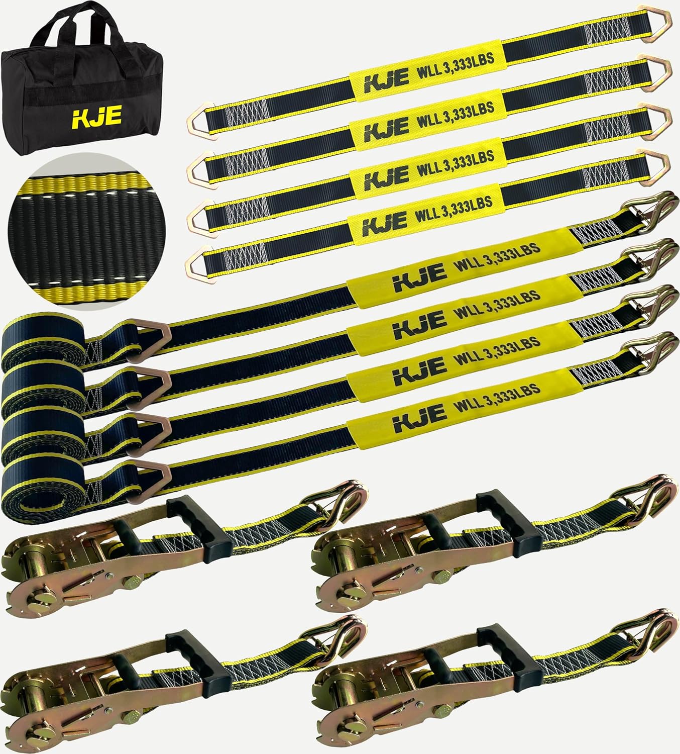 KJE Heavy Duty Car Trailer Tie Down Straps with Reflective - (4) 2" x 10' Ratchet Straps + J-Hooks with Clip, (4) Axle Straps 2" x 36'' - 10,000lbs Break Strength - Use for Car, Truck, UTV Transport - Image 6