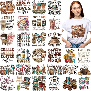 Chiisong 30 Pcs Coffee Iron on Transfers Patches, Dtf Vinyl Decal