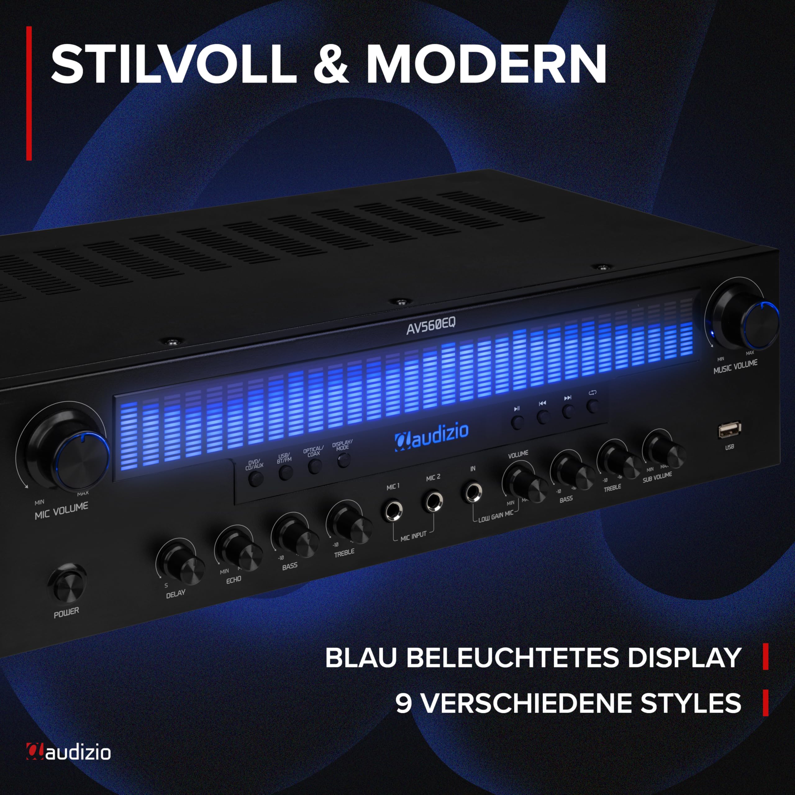 Audizio AV560EQ - 5.1 HiFi Verstärker mit Bluetooth, 390 Watt AV Receiver & Stereoanlage für Heimkino, TV & Musik - Verstärker HiFi Stereo mit Subwoofer-Out, USB, FM-Radio, 2X Mikrofon, Equalizer