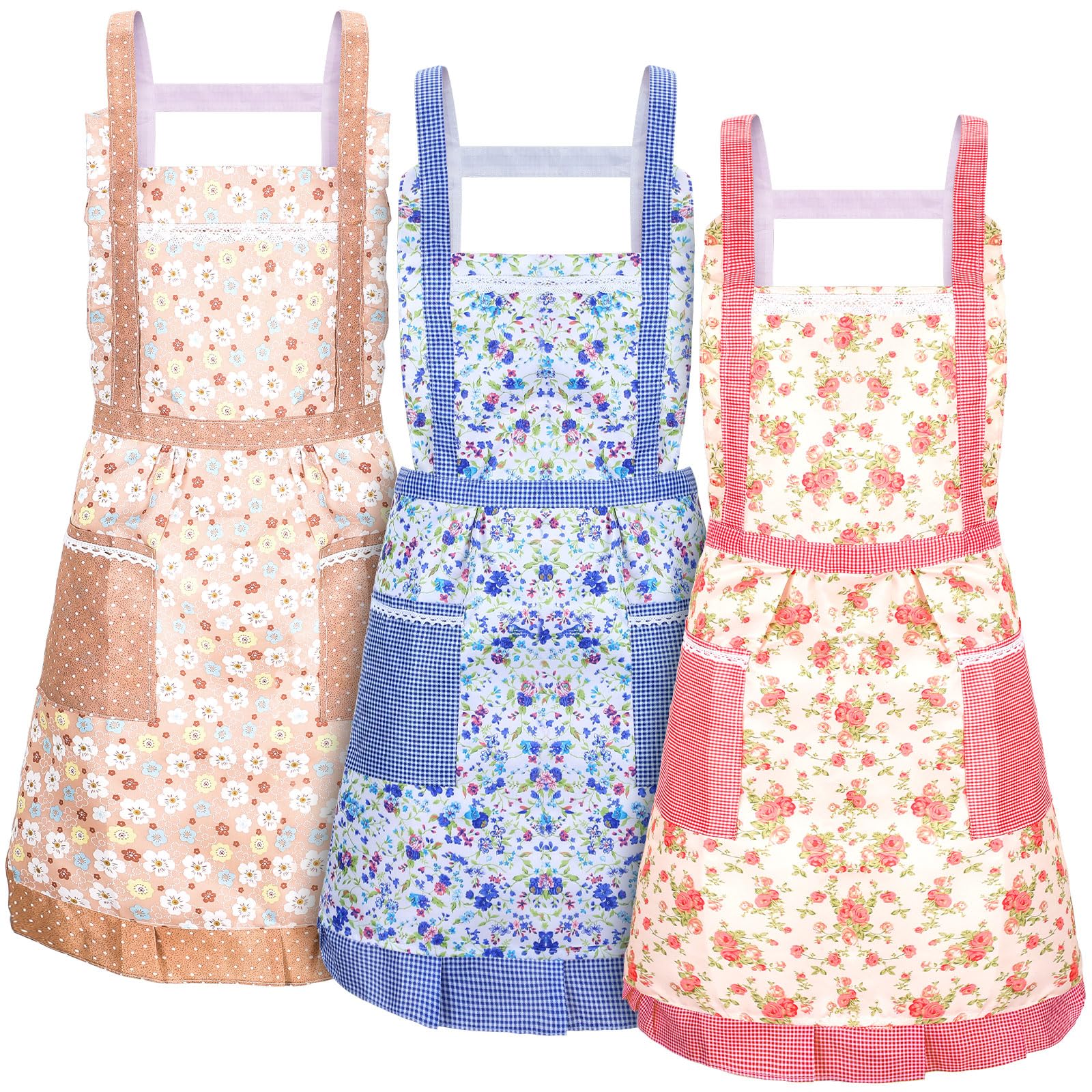 Zhanmai 3 Pcs Women Floral Aprons with Pocket Soft Kitchen Chef Aprons for Women Cooking Gardening