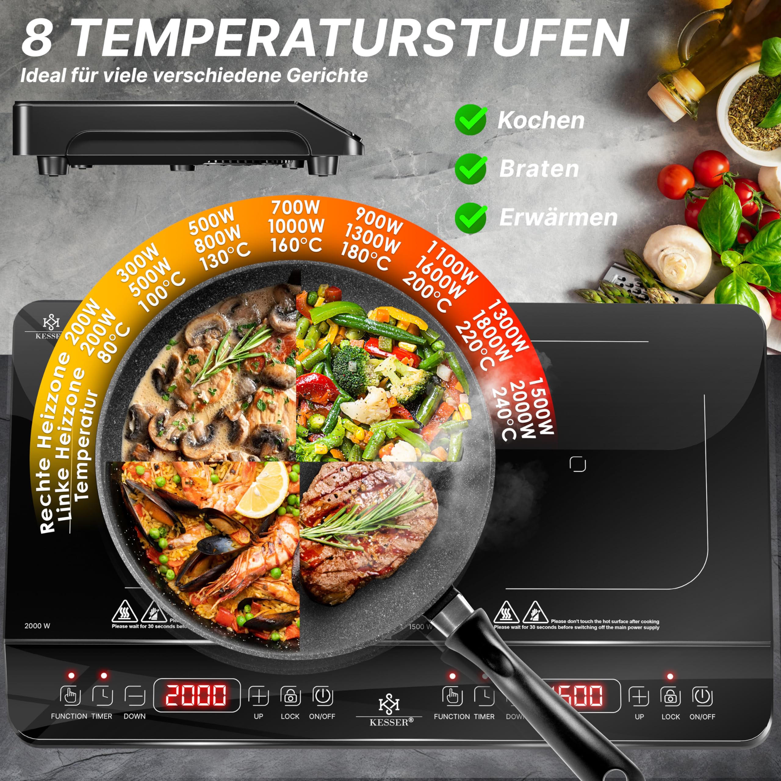 KESSER Plaque de cuisson à induction, 2 plaques, 3500 W, plaque de cuisson portable de 57 cm, 3 chiffons en microfibre + 1 livre de cuisine, 8 niveaux de chauffage, minuterie de 4 heures, contrôle