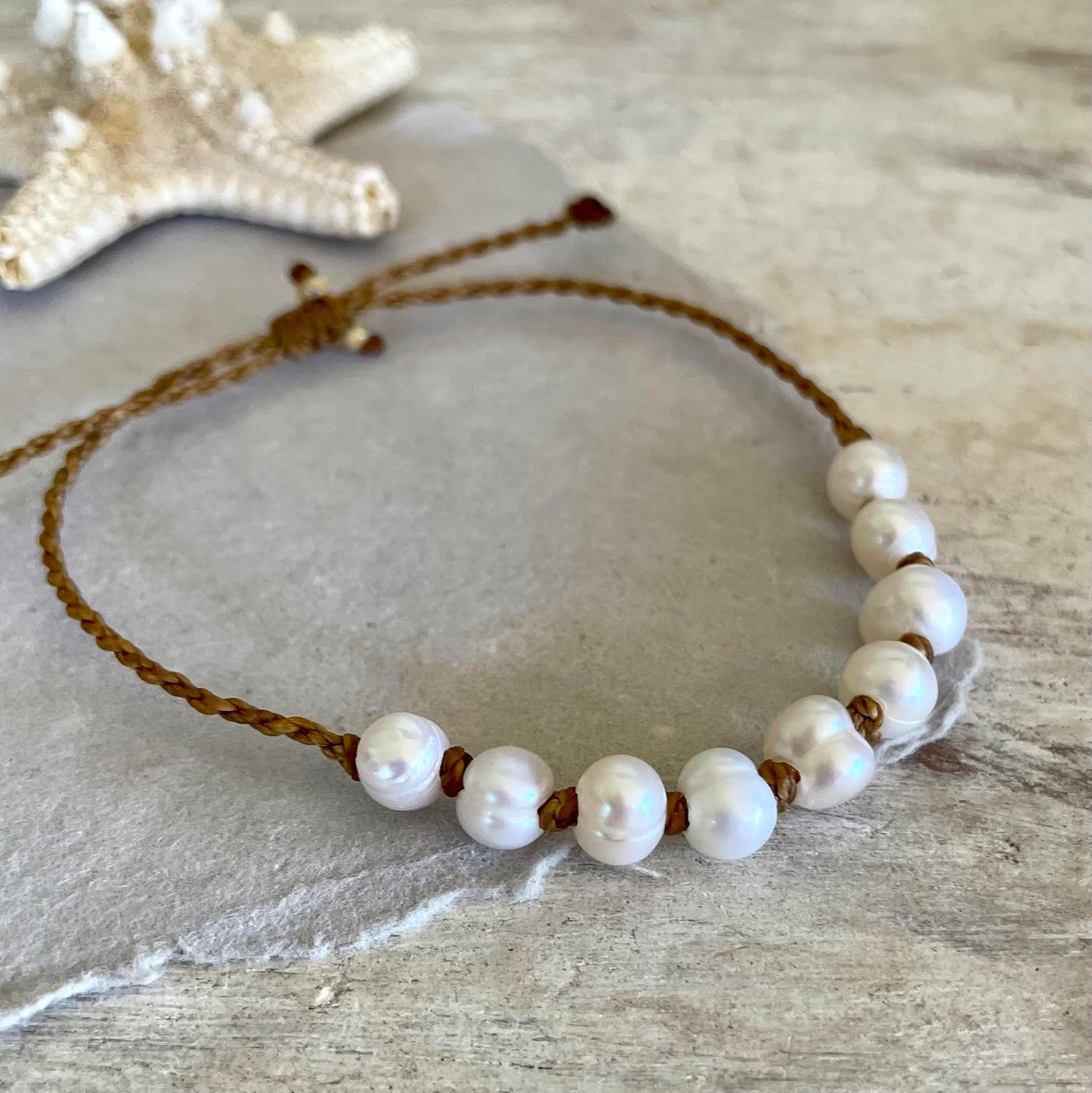 Natural Freshwater Pearl Bracelet or Anklet for Women, Casual Beach and Surfer Style on Hand Spun Rope Cord, Handmade by Beach Soul
