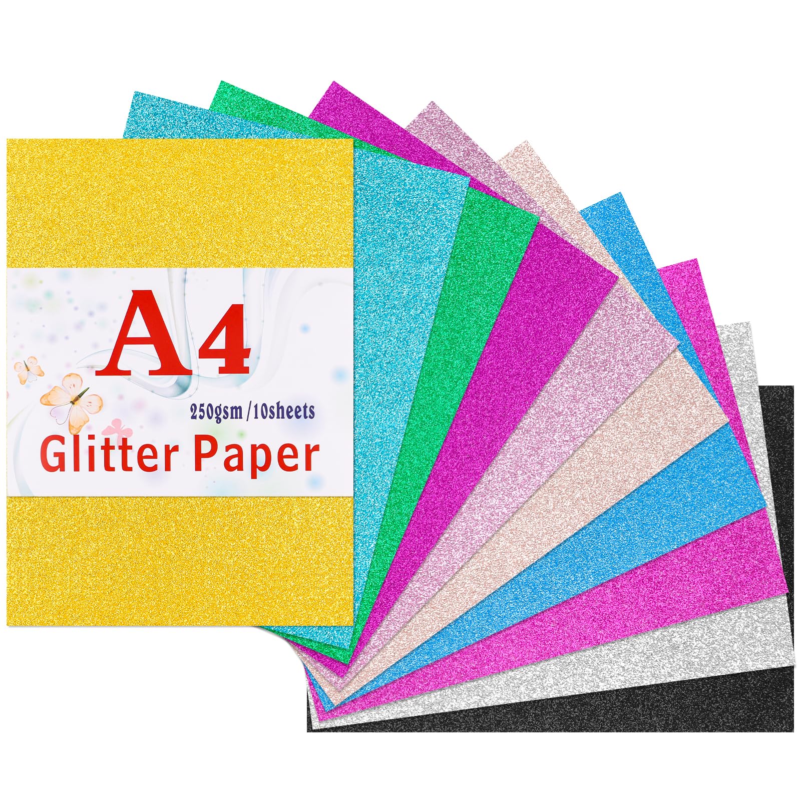 Caianwin10 Sheets Glitter Cardstock 10 Colors Glitter Card A4 Glitter Paper for Craft for Wedding Cards, Birthday Decorations, Holiday Greeting Cards DIY Gift