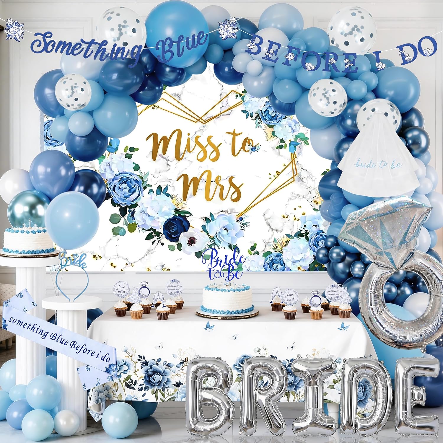 Tuhangcc Something Blue Before I Do Bridal Shower Decorations 131 PCS Blues Bachelorette Party Decorations with Unique“Miss to Miss” Backdrop Balloon Arch Sash Veil for Blue Bridal Shower Decoration