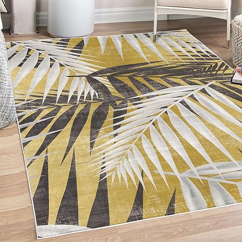 Miniatura 1 de Ambesonne Alfombra decorativa de hojas exóticas, diseño bohemio de selva salvaje en la parte posterior de tonos tierra, alfombra de calidad para