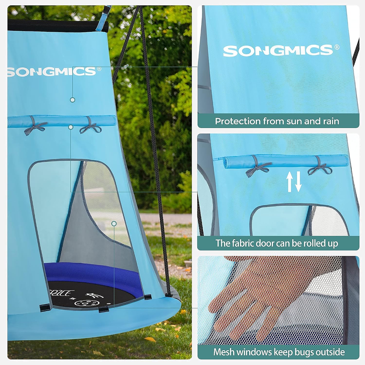 SONGMICS Saucer Tree Swing Tent 40 Inch 700 lb Load Textilene Fabric Includes Hanging Kit for Kids Outdoor Indoor Detachable Heavy Duty Safe Durable Easy Install Blue UGSW002Q01