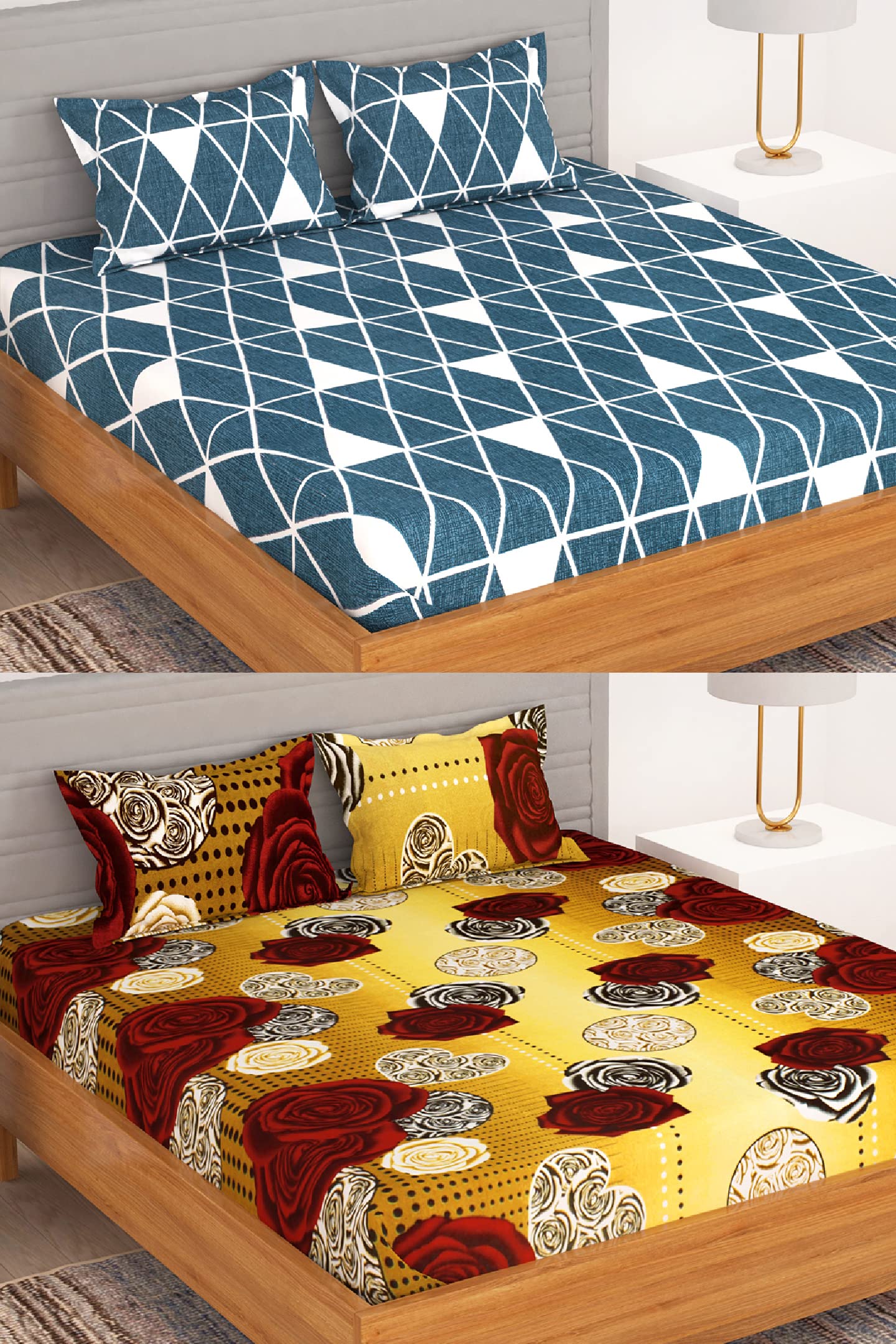 BEDSPUN Bedsheet for Double Bed Set of 2 Microfiber Bedsheet with 4 King Size Pillow Cover,150 TC Bed Sheet Blue & Mustard, bedsheets : 220 x225 cm, Pillow: 40x60 cm, Perfect for Home Decor & Gifting