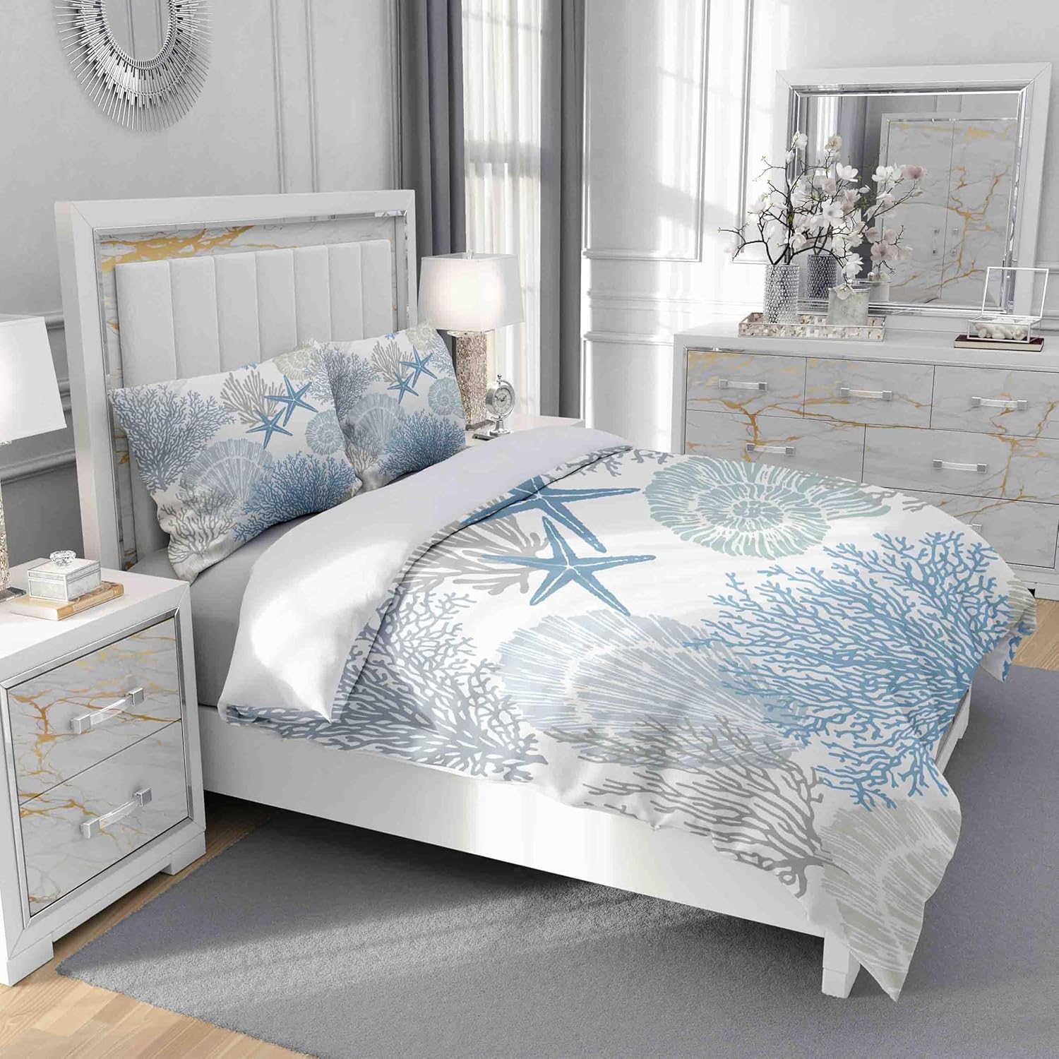 Duvet Cover Set Queen Size, Blue Nautical Coastal Starfish 3 Piece Bedding Duvet Set with Zipper Closure, Home Decor Microfiber Fabric Duvet Cover with 2 Pillow Shams for Bedroom