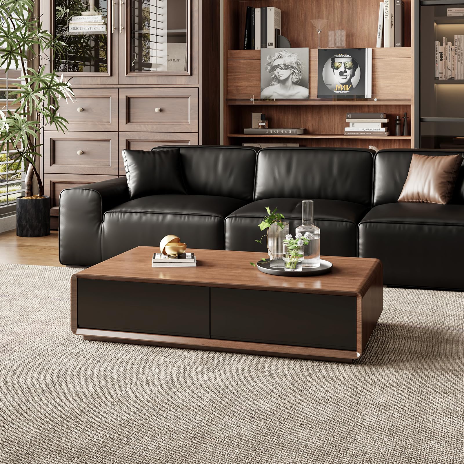 Luxury Solid Wood Coffee Table with Hidden Storage Drawers, Fully Assembled Mid Century Rectangle Center Tables for Living Room, Premium Walnut Black Finish, No Installation Needed