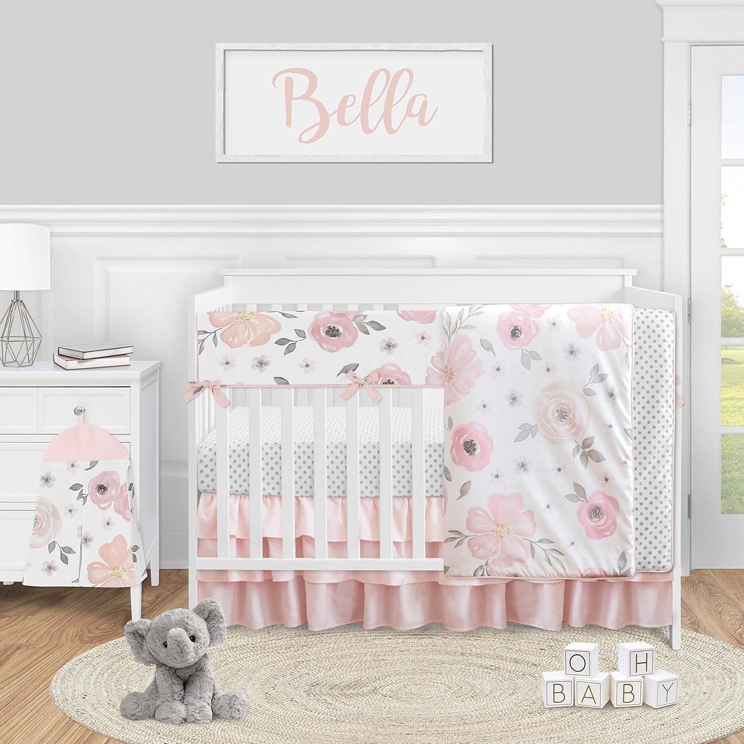 Sweet Jojo Designs Pink and Grey Watercolor Floral Baby Girl Nursery Crib Bedding Set - 5 Pieces - Blush Gray and White Shabby Chic Rose Flower Polka Dot : Baby