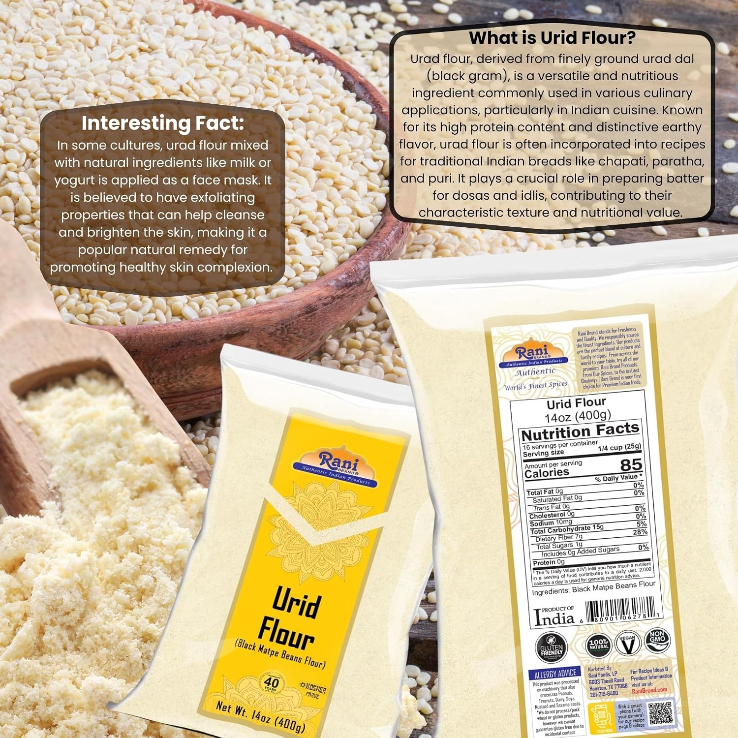 Rani Urid/Urad Flour (Black Matpe Beans Flour) 14oz (400g) ~ All Natural | Vegan | Gluten Friendly | NON-GMO | Kosher | Indian Origin image 4