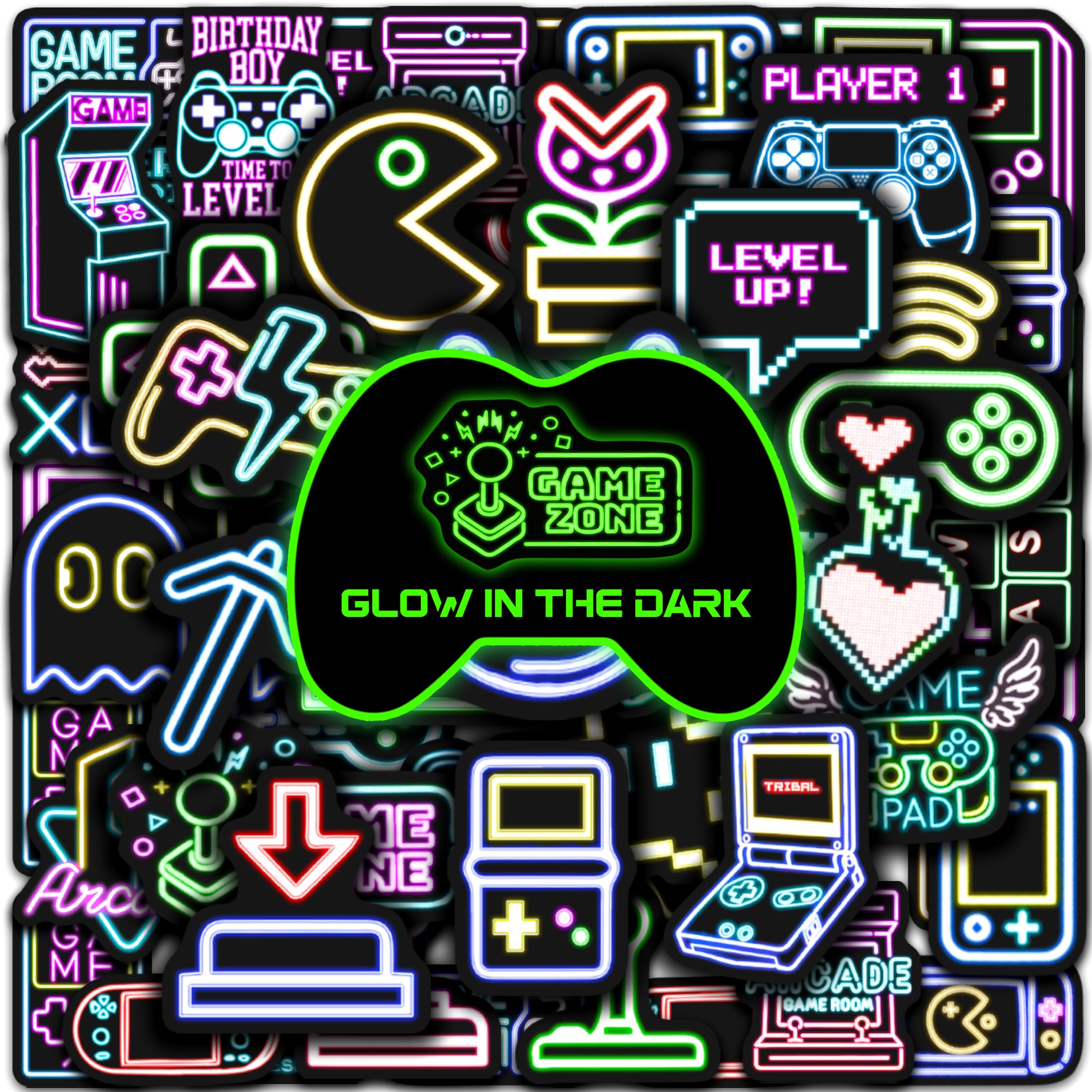 51 Pcs Neon Game Stickers for Kids Glow in The Dark, Gamer Inspirational Sticker for Water Bottle, Vinyl Waterproof Laptop Decals for Teens Girls Boys