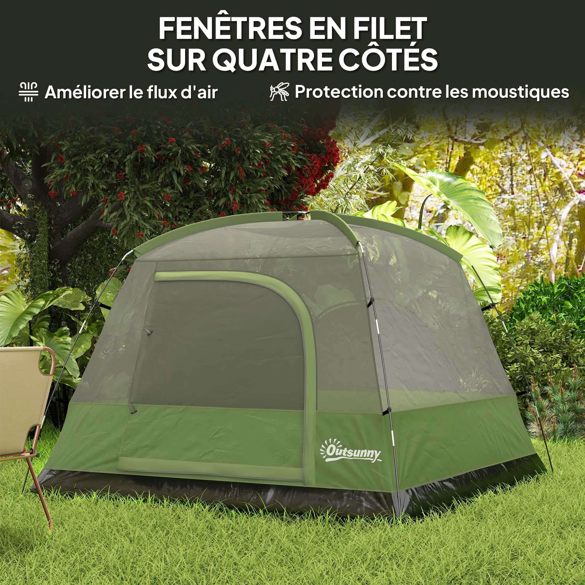 Outsunny Tente de Camping 2-4 Personnes, Tente dôme familiale imperméable, avec fenêtres, Sac de Transport, Poche et Crochet, pour Pique-Nique, Trekking, Camping, randonnée, Vert Olive