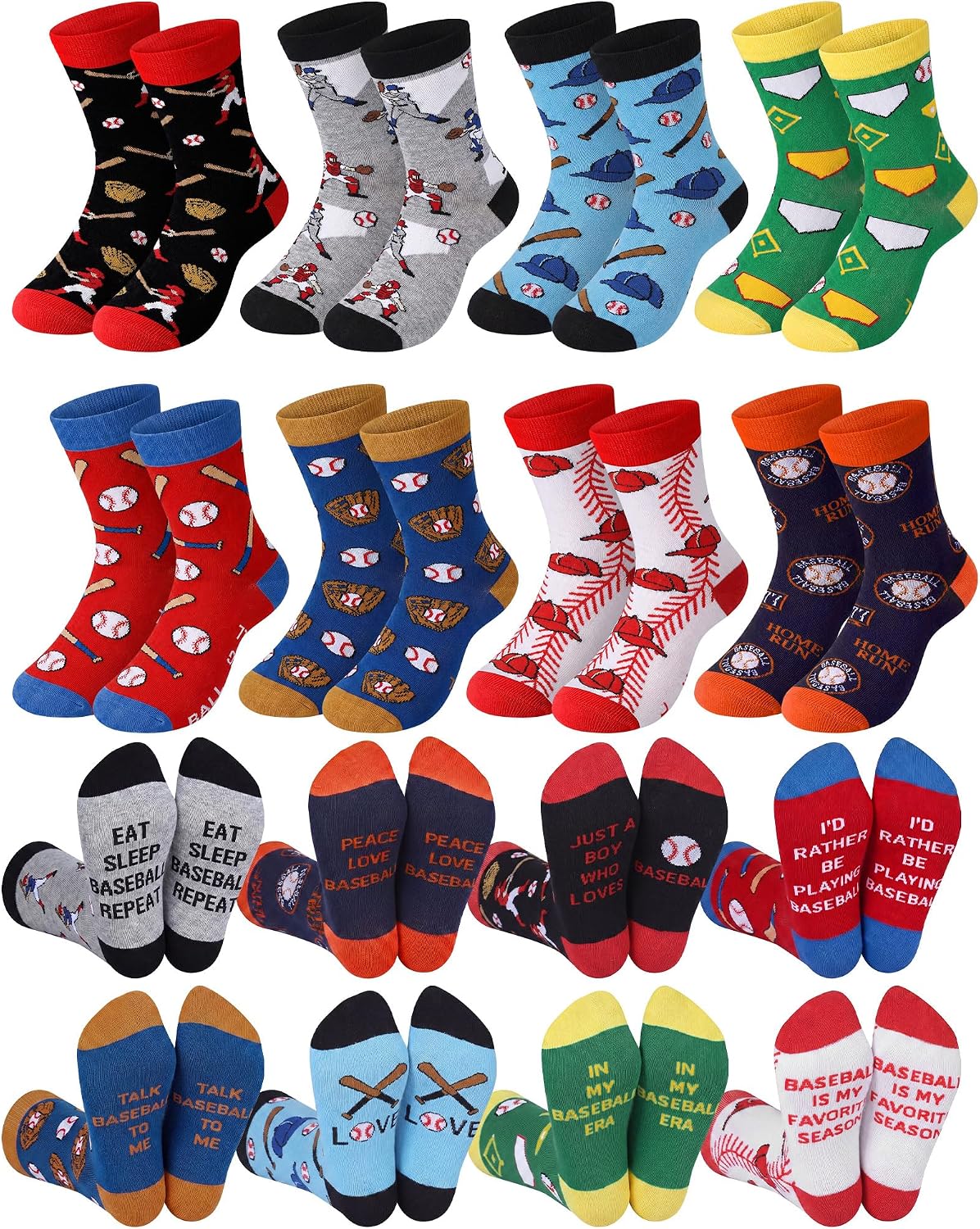 Haysandy 8 Pairs Novelty Baseball Socks for Teens Boys Funny Athletic Crew Sock for Boys Youth 13-17 Years Baseball Lover Gifts