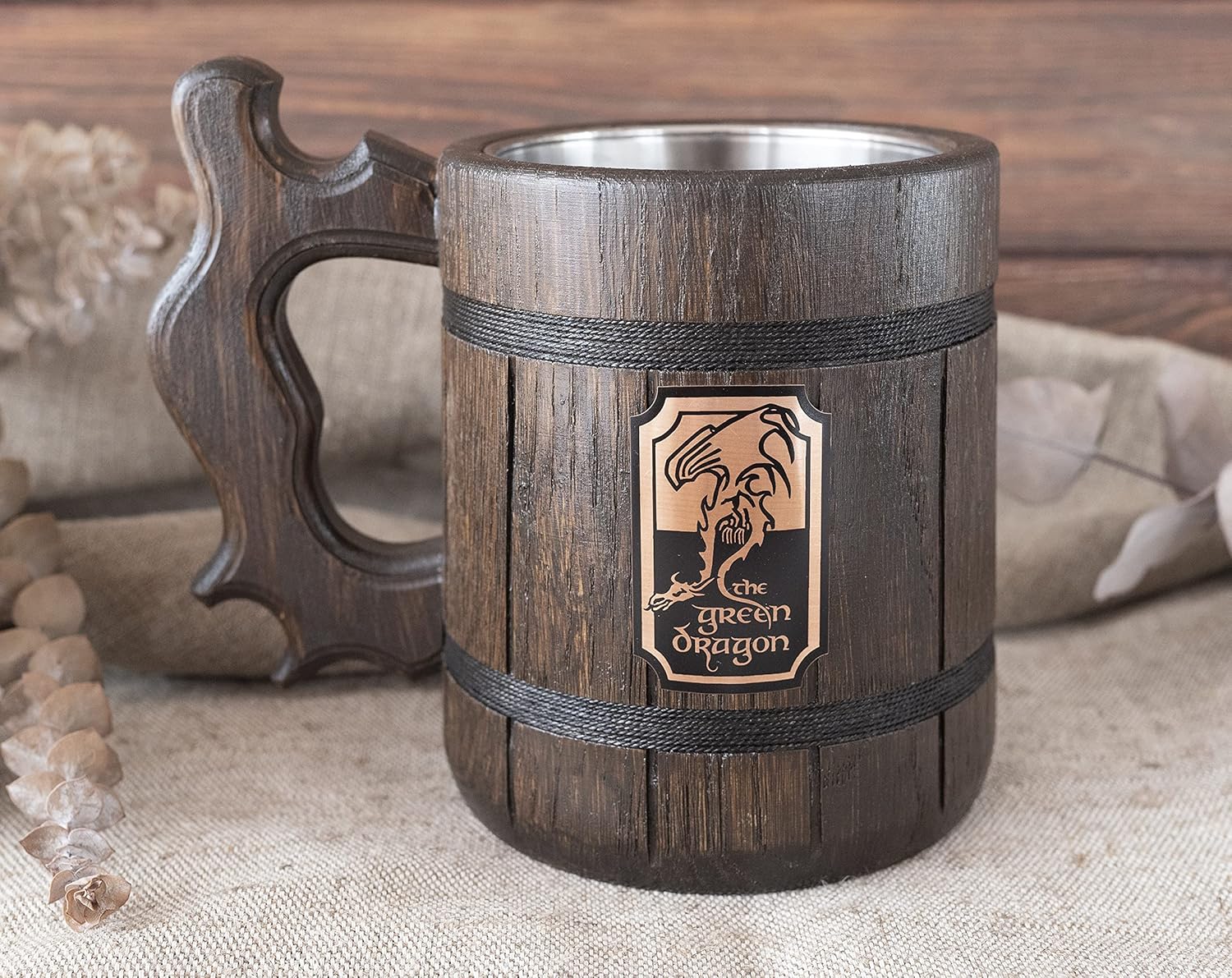 Green Dragon Mug Wooden Beer Stein. Christmas Gift. Birthday Gifts For Him. Beer Tankard 17oz
