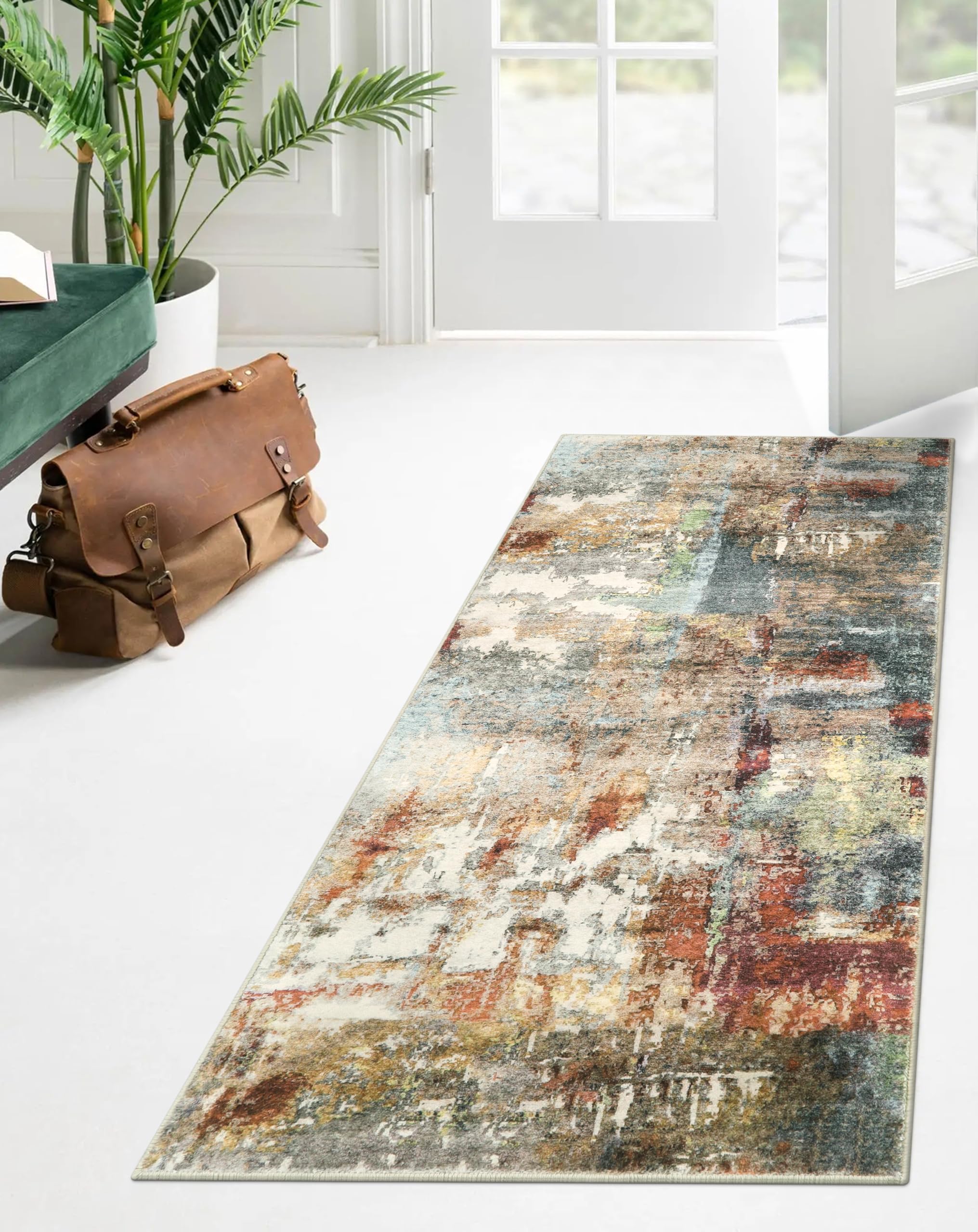 Morebes Washable Runner Rug 2x5, Red Modern Abstract Entry Non Slip, Non-Shedding Bathroom Runner Soft Throw Indoor Floor Carpet for Kitchen Bedroom