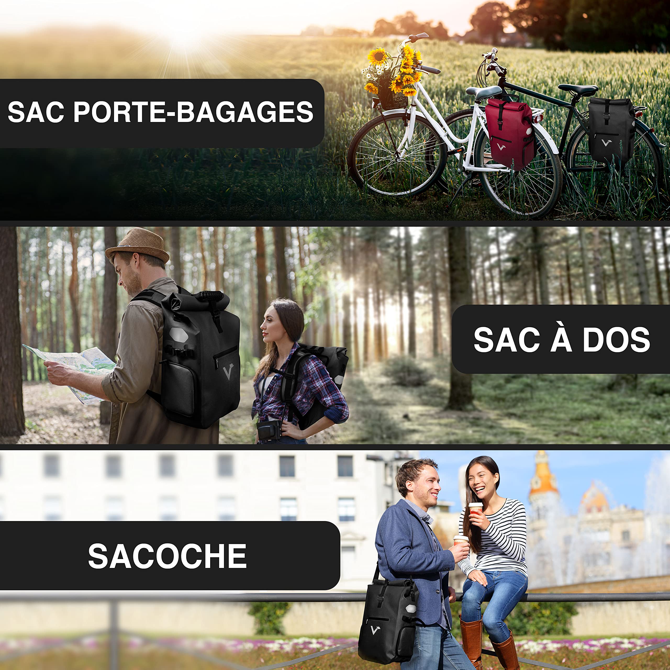 Valkental - Sacoche de vélo Haut de Gamme 3 en 1 - TPU respectueux du Climat - 23L - Convient comme Sacoche de Porte-Bagages, Sac à Dos et Sac bandoulière - 100% étanche