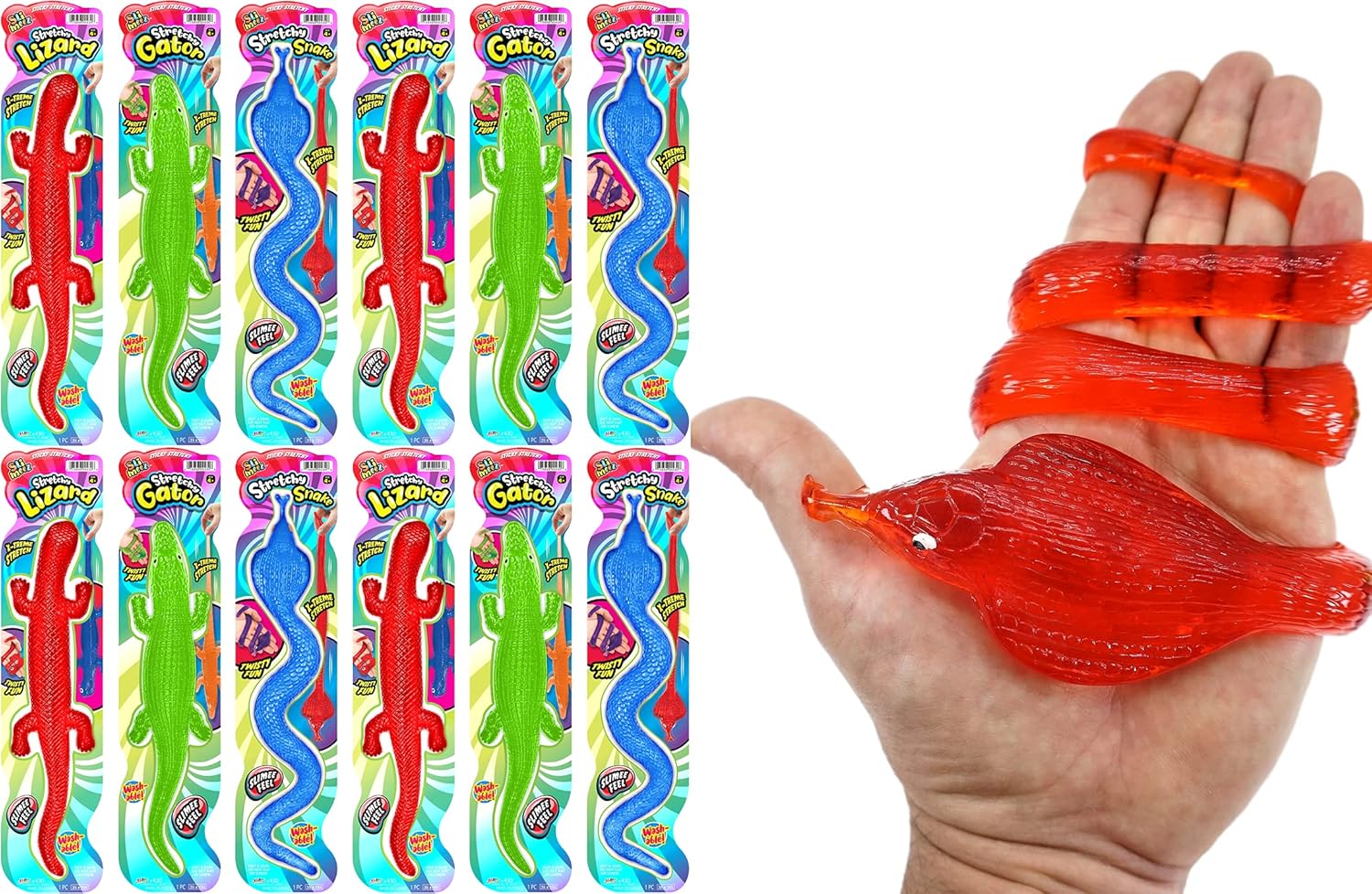 JA-RU Giant Sticky Lizard, Alligator, Snake Stretchy Fidget Toy (12 Pack Assorted) Fake Rubber Snake for Kids. Stress Relief Toy. Reptile Party Favors, Goodie Bags Stuffers. 430-12p