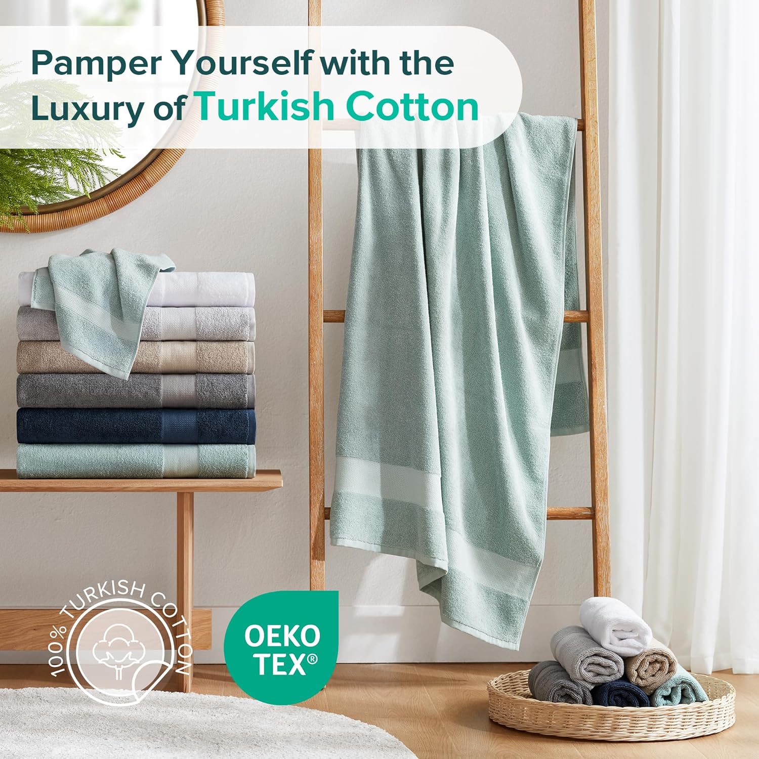 Comfort Spaces Turkish Bath Towel Set of 4 Piece 27x54 Medium 100% Cotton Towels Highly Absorbent Soft Quick Dry Shower for Bathroom Spa Seafoam Green - Image 3