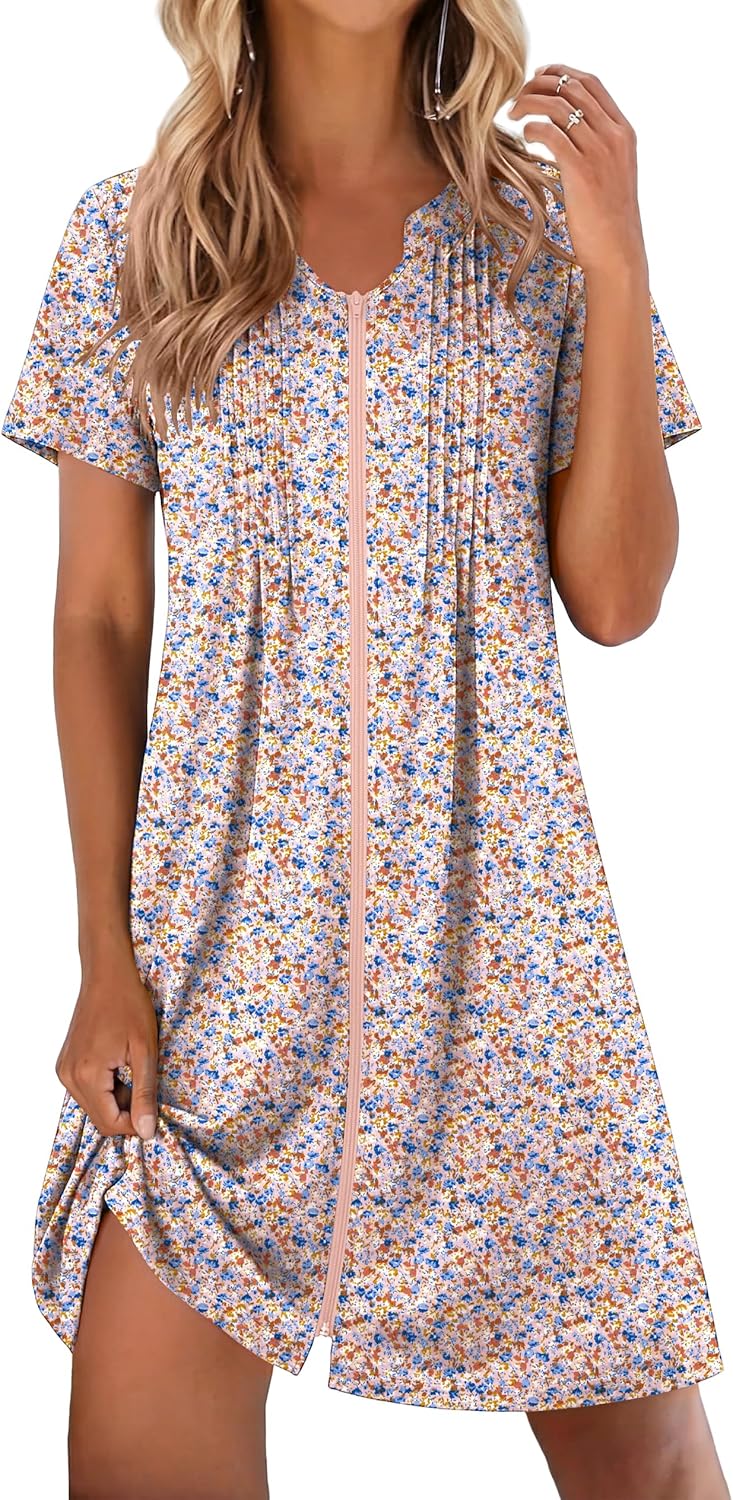 EKOUAER Women Zipper Robes Short Bathrobe Lightweight Mumu Duster House Coat with Pockets Soft Moo Moo Nightgown