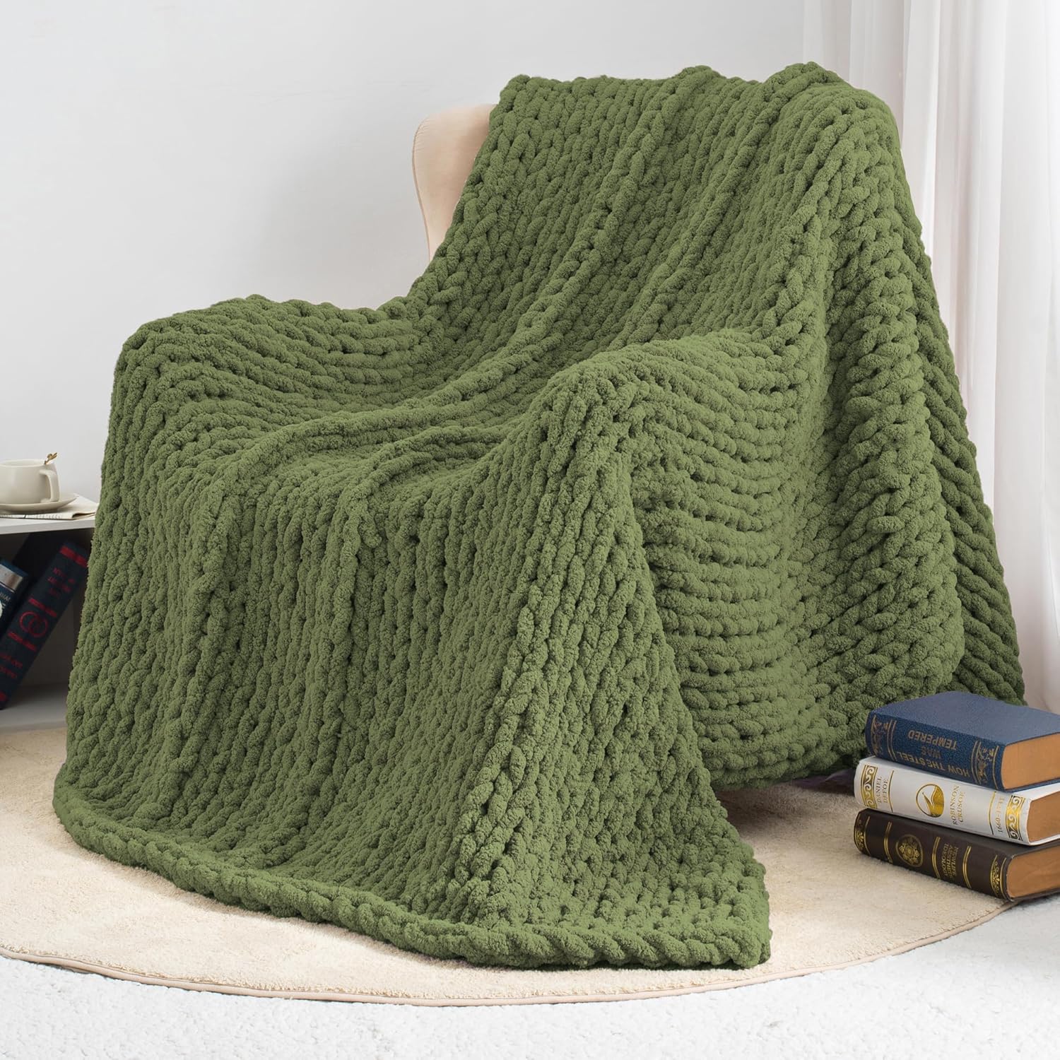 Chunky Knit Throw Blanket 50X 60, 100% Handmade with Soft Chenille Yarn, 4.4lbs Thick Cable Knitted Blankets, Large Rope Knot Crochet Throws for Couch Sofa Bed Home Decor, Olive Green